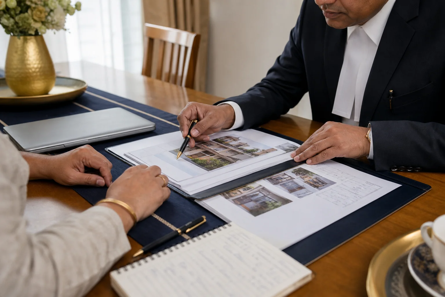 Close-up of a lawyer and client reviewing physical legal documents together at a home dining table. Photorealistic close-up photo of an Indian lawyer's hands and a client's hands reviewing property documents and a folder spread across a