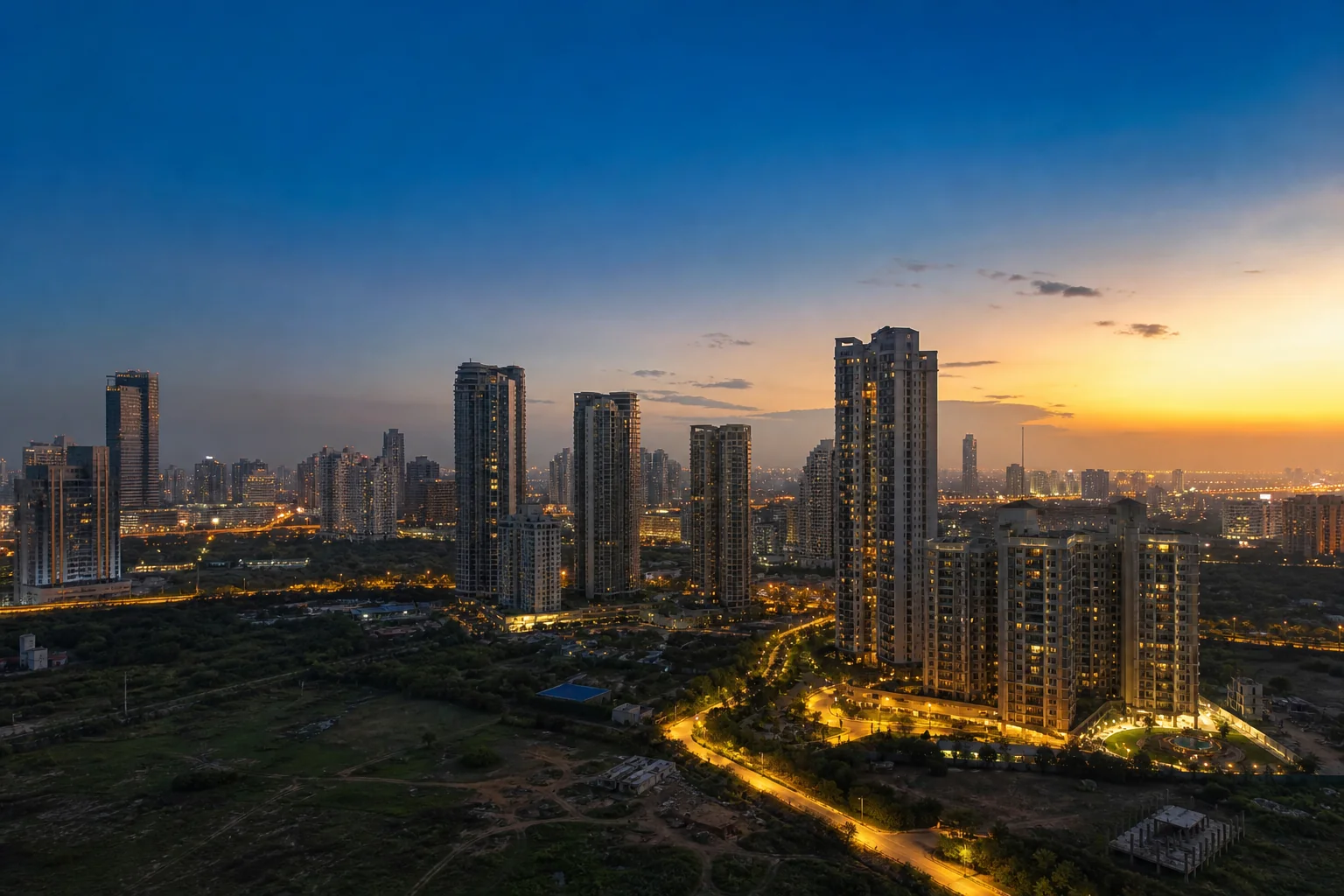 Photorealistic wide photo of the Delhi NCR skyline at golden hour, showing a mix of modern high-rise residential towers in Gurugram or Noida with soft evening light, a few illuminated windows, indigo-blue sky transitioning to warm gold near