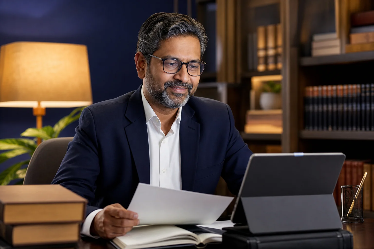 A confident senior Indian lawyer reviewing case notes before a scheduled video consultation, representing verified specialist lawyers available on weekends. Photorealistic photo of a senior Indian lawyer in professional attire, around 45