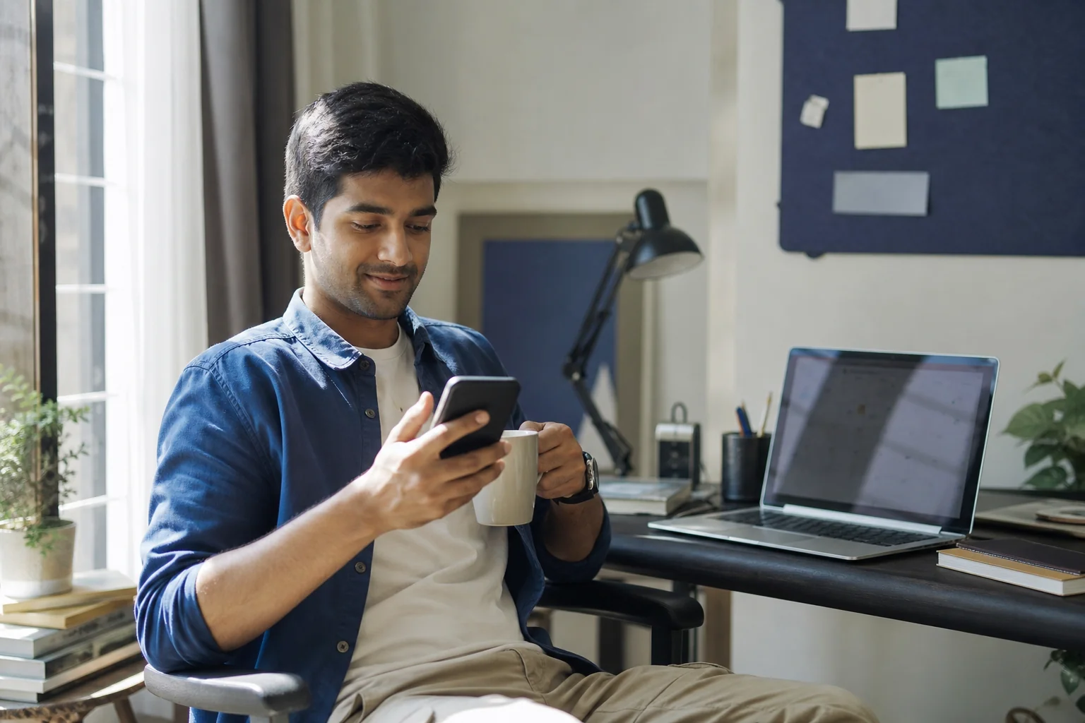 Photorealistic photo of a young Indian startup founder in casual smart clothing sitting at a compact home workspace on a weekend morning, natural sunlight, holding a phone in one hand and a coffee cup in the other, laptop open with visible