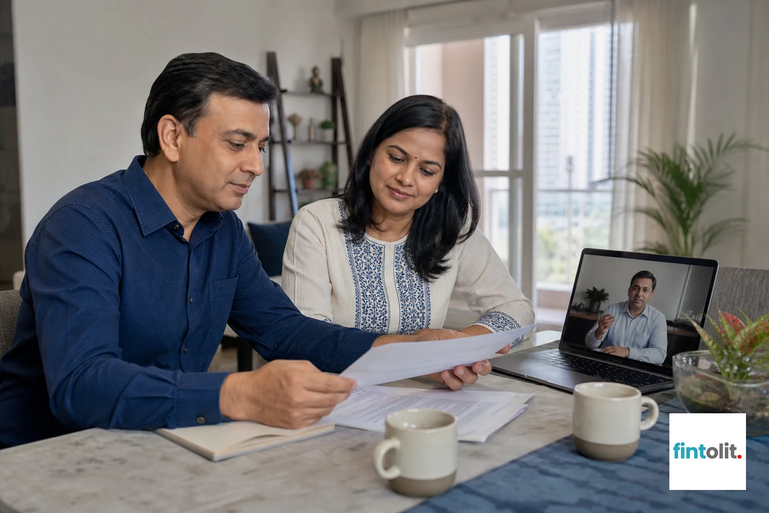 A family sitting together reviewing property or family legal documents with a sense of clarity and support. Photorealistic photo of an Indian family, a middle-aged couple, sitting at a dining table in a well-lit apartment in Delhi NCR