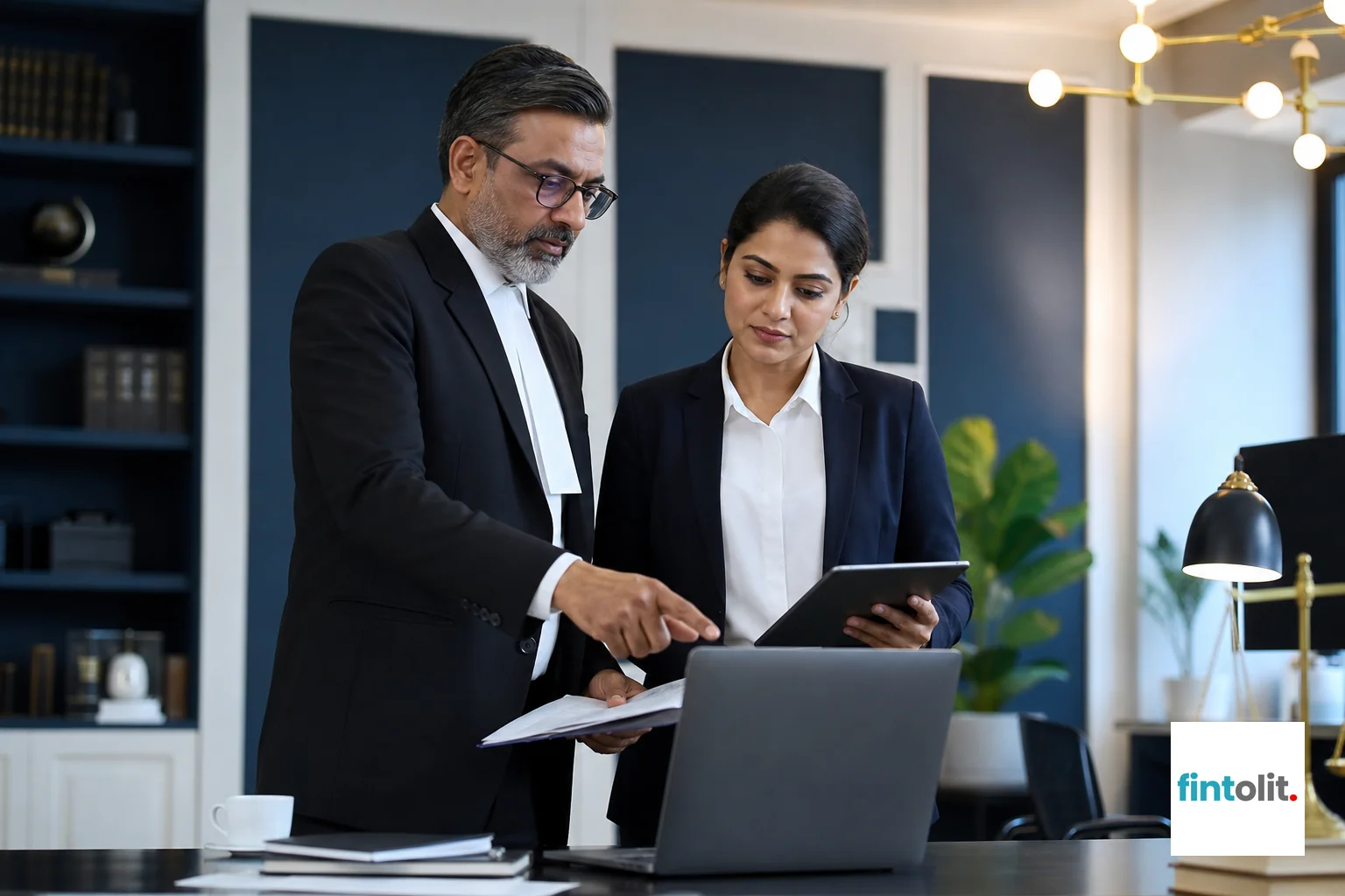 A lawyer and case manager coordinating together on a client's case, representing teamwork behind the scenes. Photorealistic photo of two Indian legal professionals, a senior male lawyer in a formal blazer and a female case manager with a