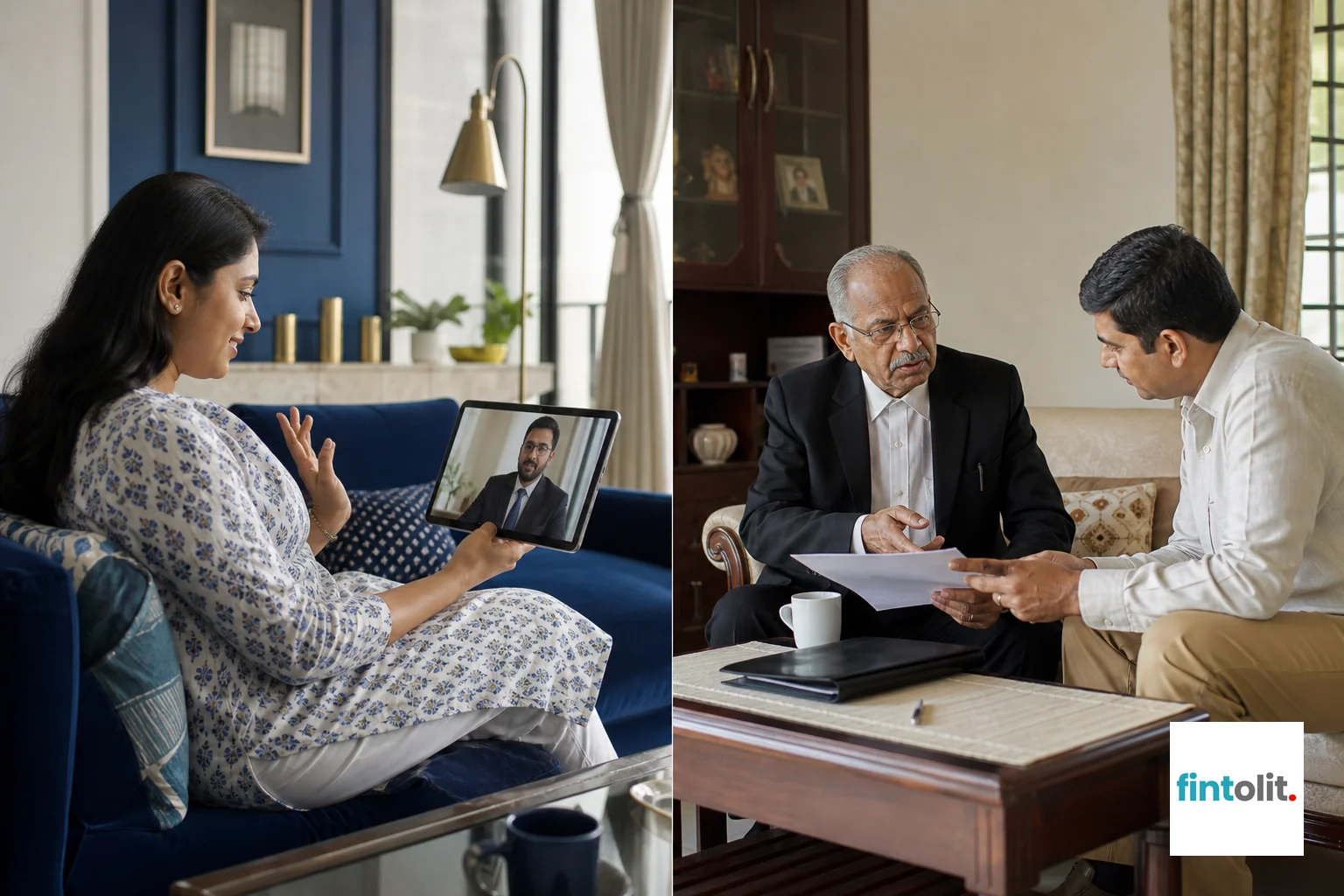 Split scene showing an online video consultation next to an in-person home visit, representing the two consultation formats. photorealistic split-composition photograph, left half shows an Indian woman in her 30s having a relaxed video call