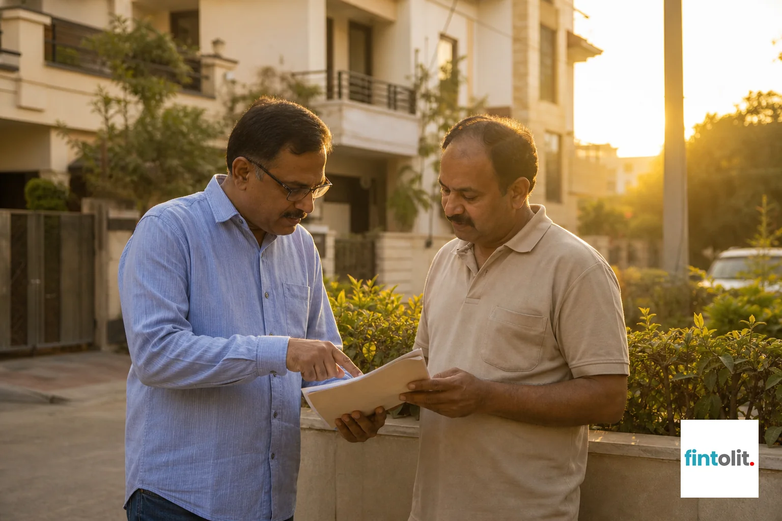 Two neighbors in a residential Delhi NCR colony resolving a boundary or fence dispute calmly with documents. photorealistic photo of two middle-aged Indian neighbors standing near a low garden wall in a residential colony in Delhi NCR, one