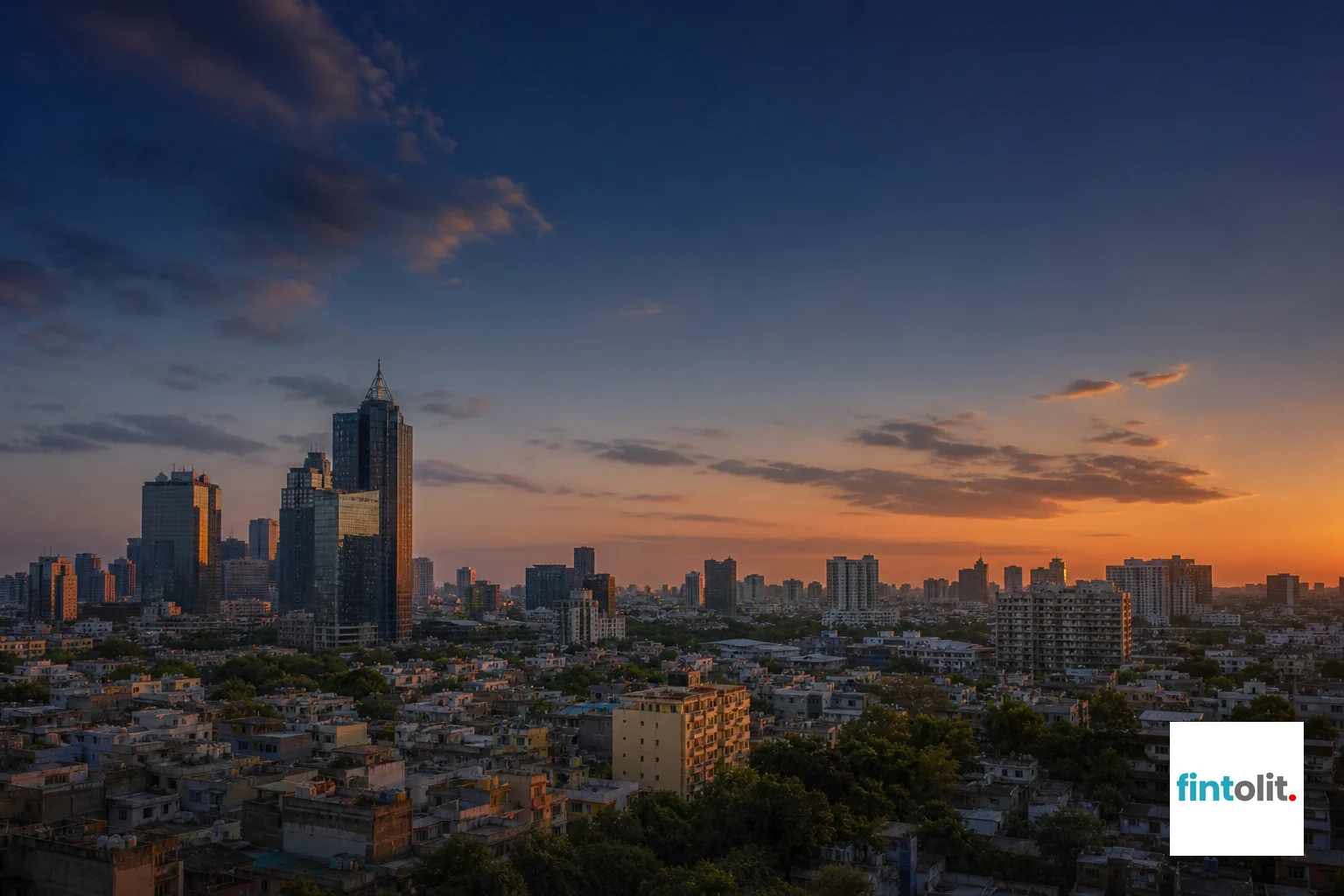 Photorealistic wide-angle photo of the Delhi NCR skyline at golden hour, a mix of modern glass office towers in Gurugram and older residential neighborhoods in Delhi visible in the frame, soft warm sunset light with deep indigo sky tones