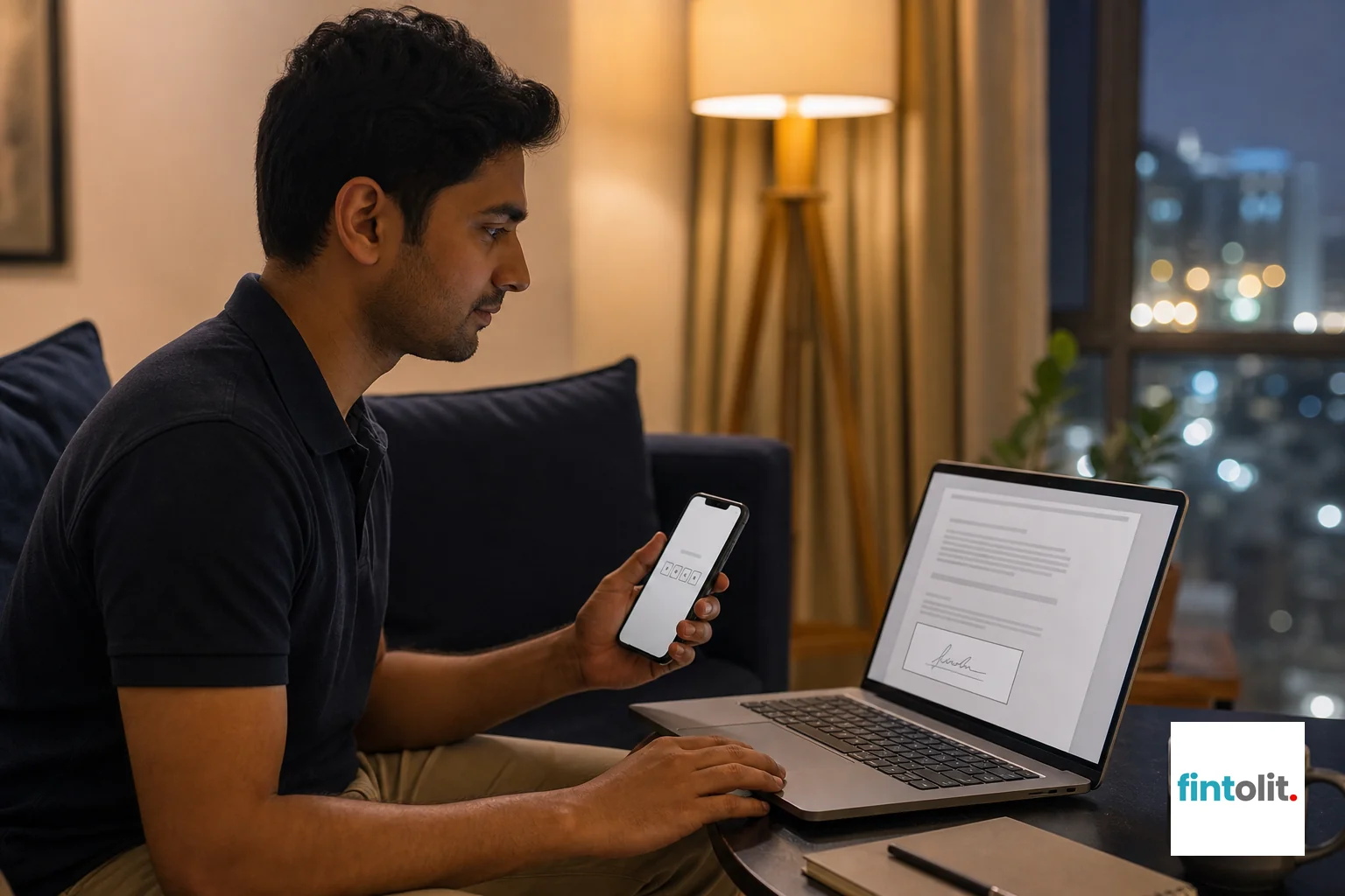 photorealistic, a young Indian professional sitting on a sofa at home in Gurugram, laptop open showing a digital document signing interface, smartphone in hand displaying an OTP verification screen, cozy living room with navy blue cushions