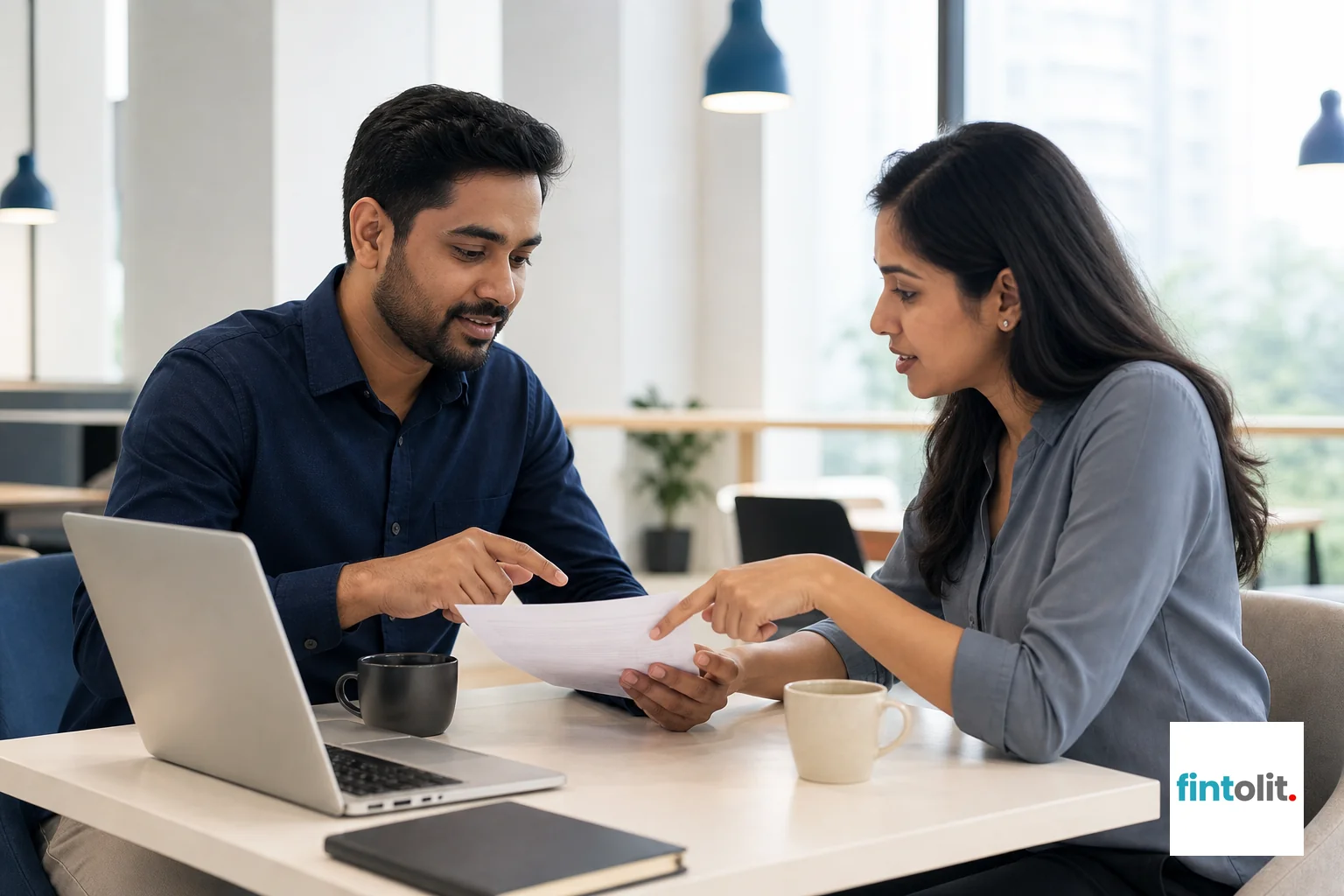 Photorealistic photograph of two Indian professionals, one a freelance consultant and one a client, sitting across a small table in a bright co-working space in Gurugram, both looking at a printed contract document and pointing to a clause