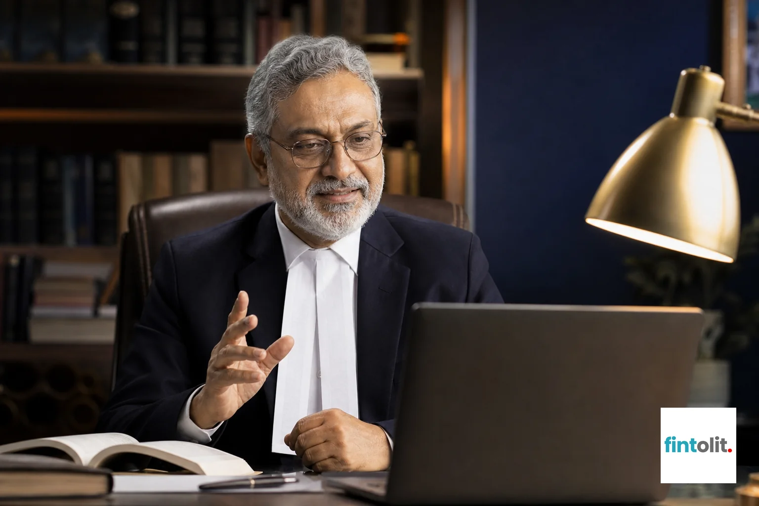 Photorealistic photograph of a confident senior Indian lawyer in formal attire sitting at an office desk, having a video consultation on a laptop, warm professional lighting, bookshelf softly blurred in background, color grading with deep
