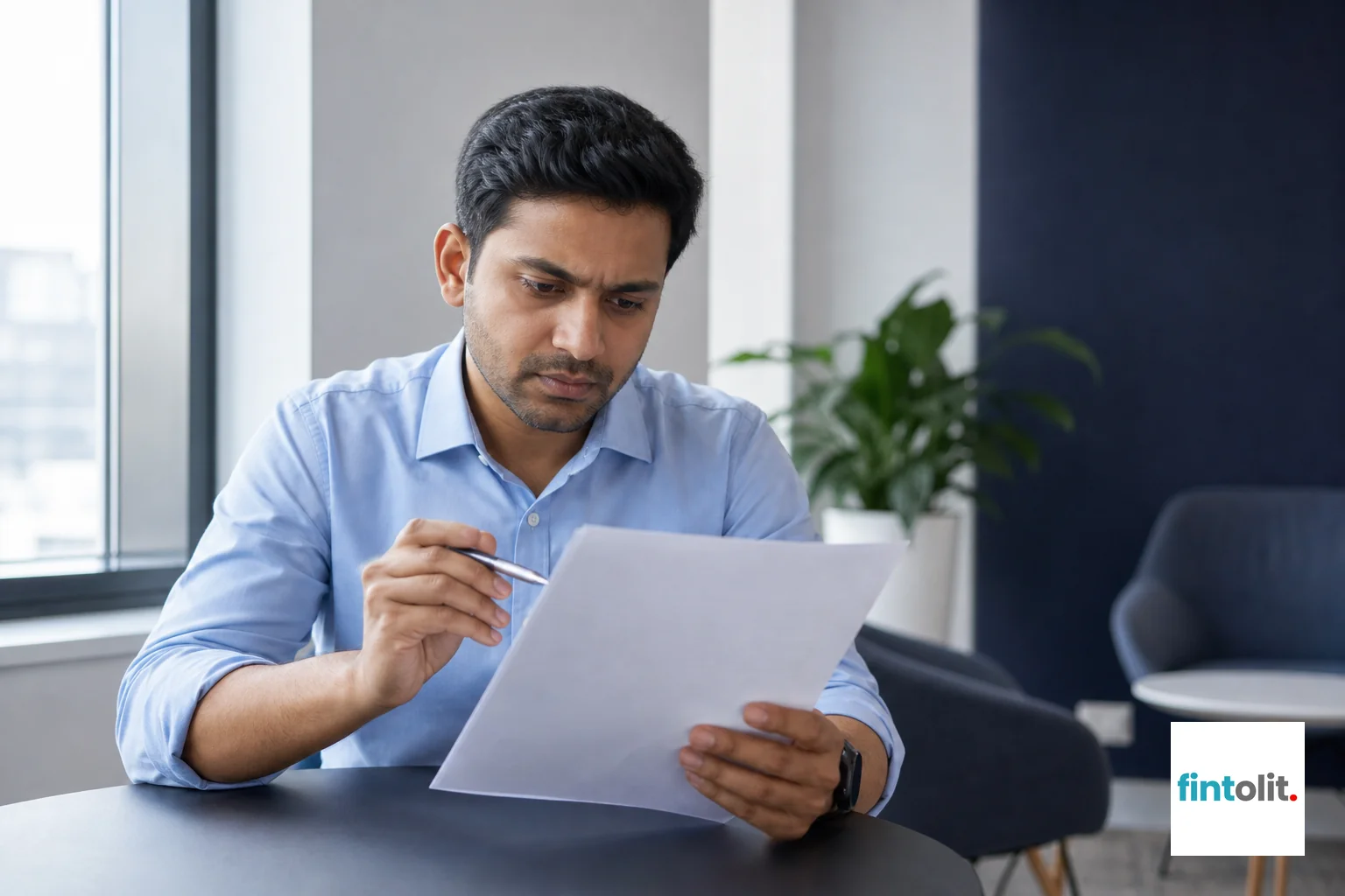 An employee looking concerned while reviewing a settlement letter, symbolizing a shortfall discovery. Photorealistic photo of a concerned Indian salaried employee in business casual attire sitting in a quiet office breakout area, looking