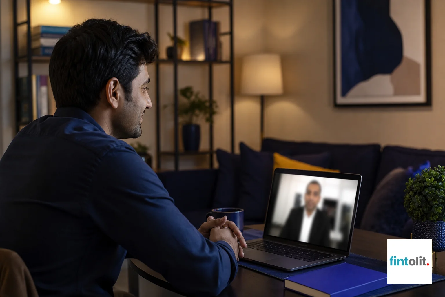 A person having a confident video consultation with a lawyer about their workplace dispute. Photorealistic photo of an Indian professional sitting in a well-lit home living room having a video call consultation on a laptop, screen showing a