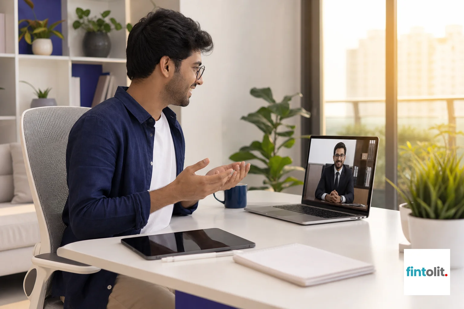 A freelancer having a reassuring online legal consultation from home via video call. Photorealistic photo of an Indian freelance content creator or designer sitting comfortably in a bright home office in Gurugram, having a friendly video