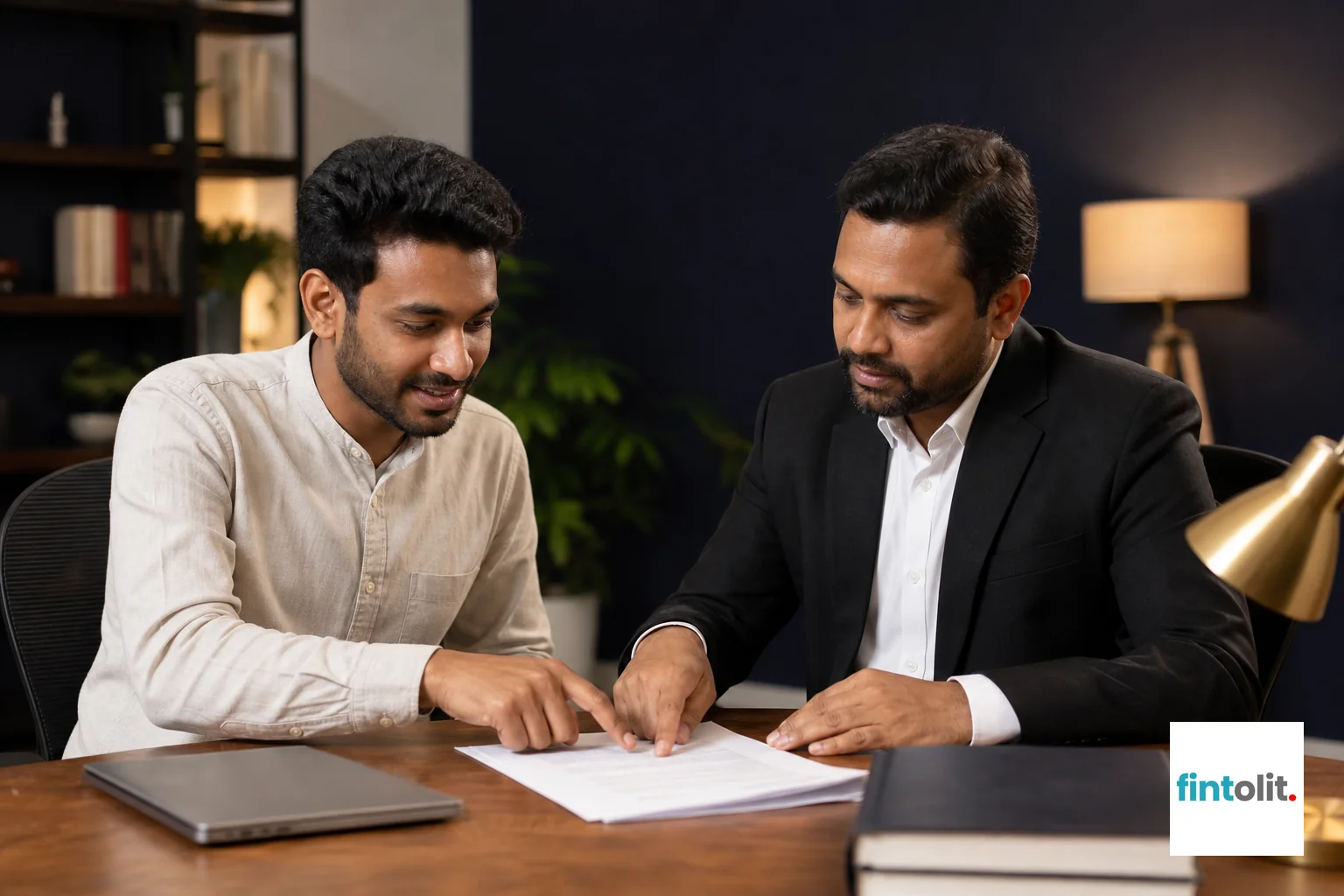 Two professionals reviewing and signing a freelance contract together in a modern office setting. Photorealistic photo of an Indian freelancer and a lawyer sitting across a wooden table reviewing a printed contract together, both pointing