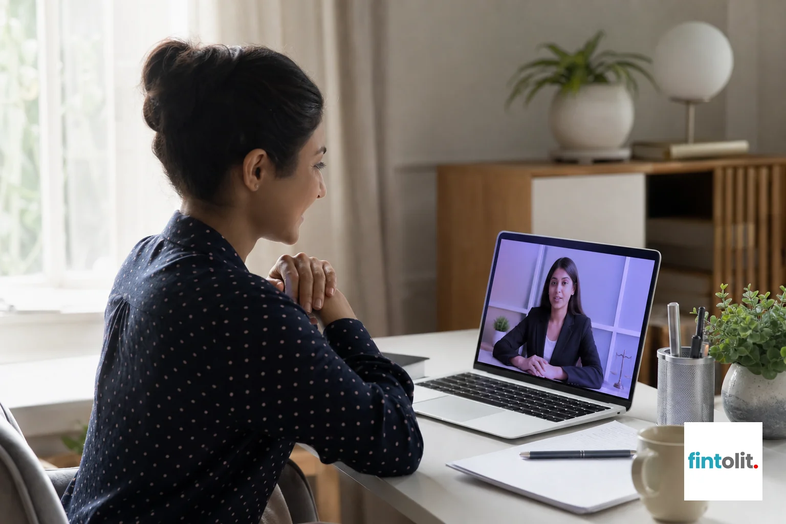 A freelancer having a confident video consultation call with a verified lawyer on a laptop. Photorealistic photo of an Indian freelance professional woman having a video call consultation on a laptop in a bright home office, screen showing