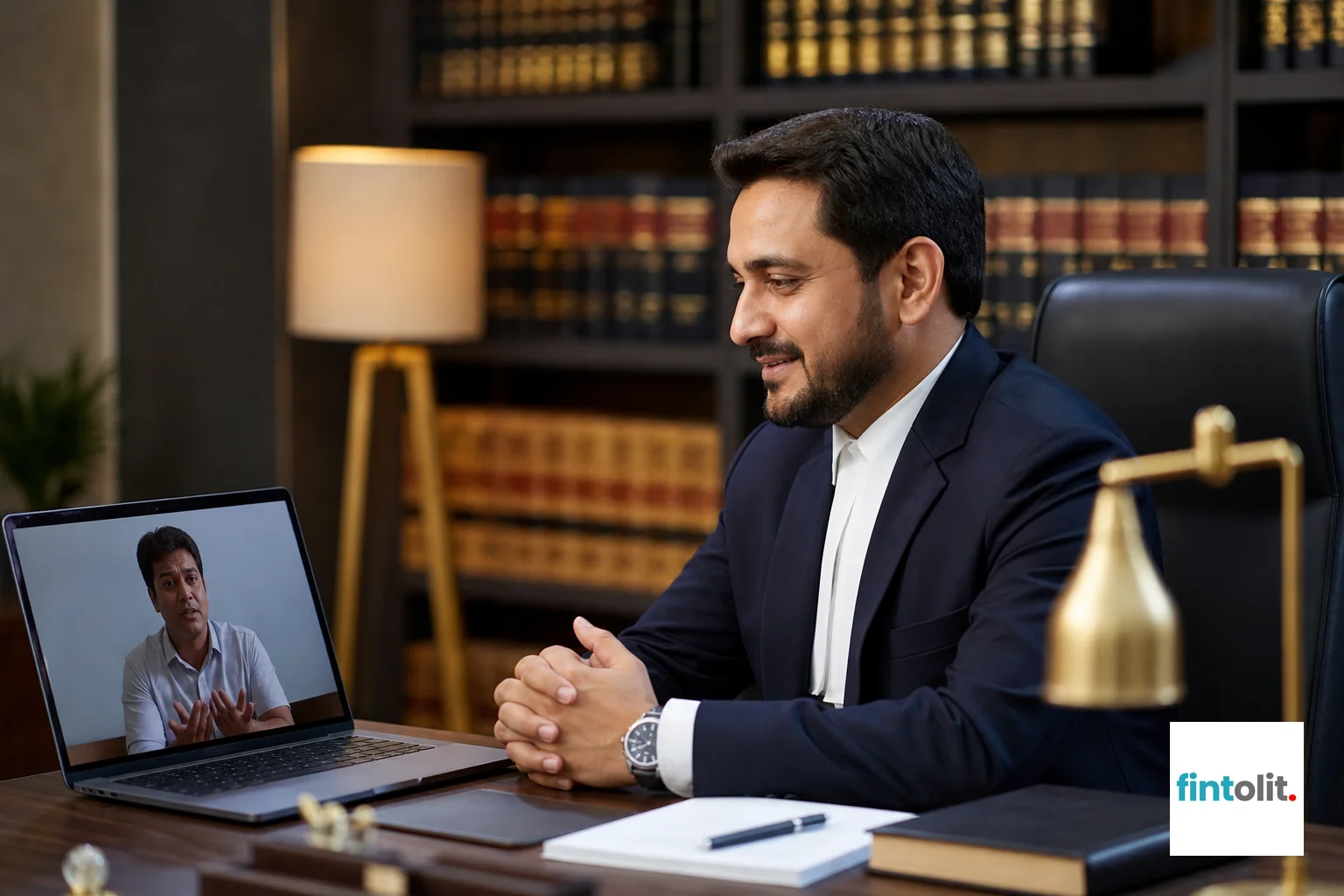 A verified senior lawyer in a video consultation call with a freelancer client, shown on a laptop screen in a warm, approachable setting. photorealistic photo of a professional Indian lawyer in formal attire seated in a well-lit modern