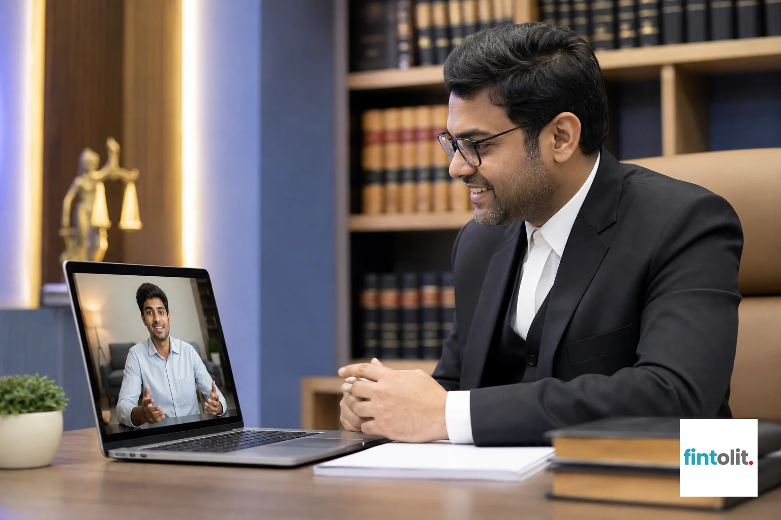 photorealistic photo of a professional Indian lawyer in formal attire sitting at an office desk having a friendly video call visible on a laptop screen with a young freelancer, warm and approachable expression, modern office setting with