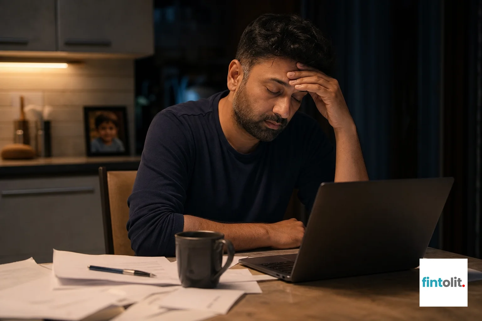 photorealistic photo of a tired Indian father sitting at a kitchen table late at night surrounded by scattered papers and a laptop, rubbing his forehead in frustration, dim warm lighting, small blurred photo frame of a child visible in the