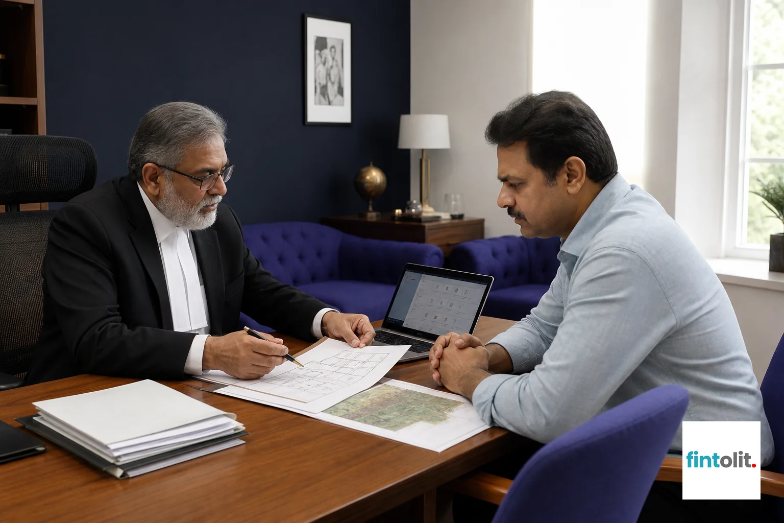 A property lawyer consulting with a worried client across a desk, reviewing legal documents together, representing the process of filing a civil suit. Photorealistic photo of a senior Indian lawyer in formal attire sitting across a wooden