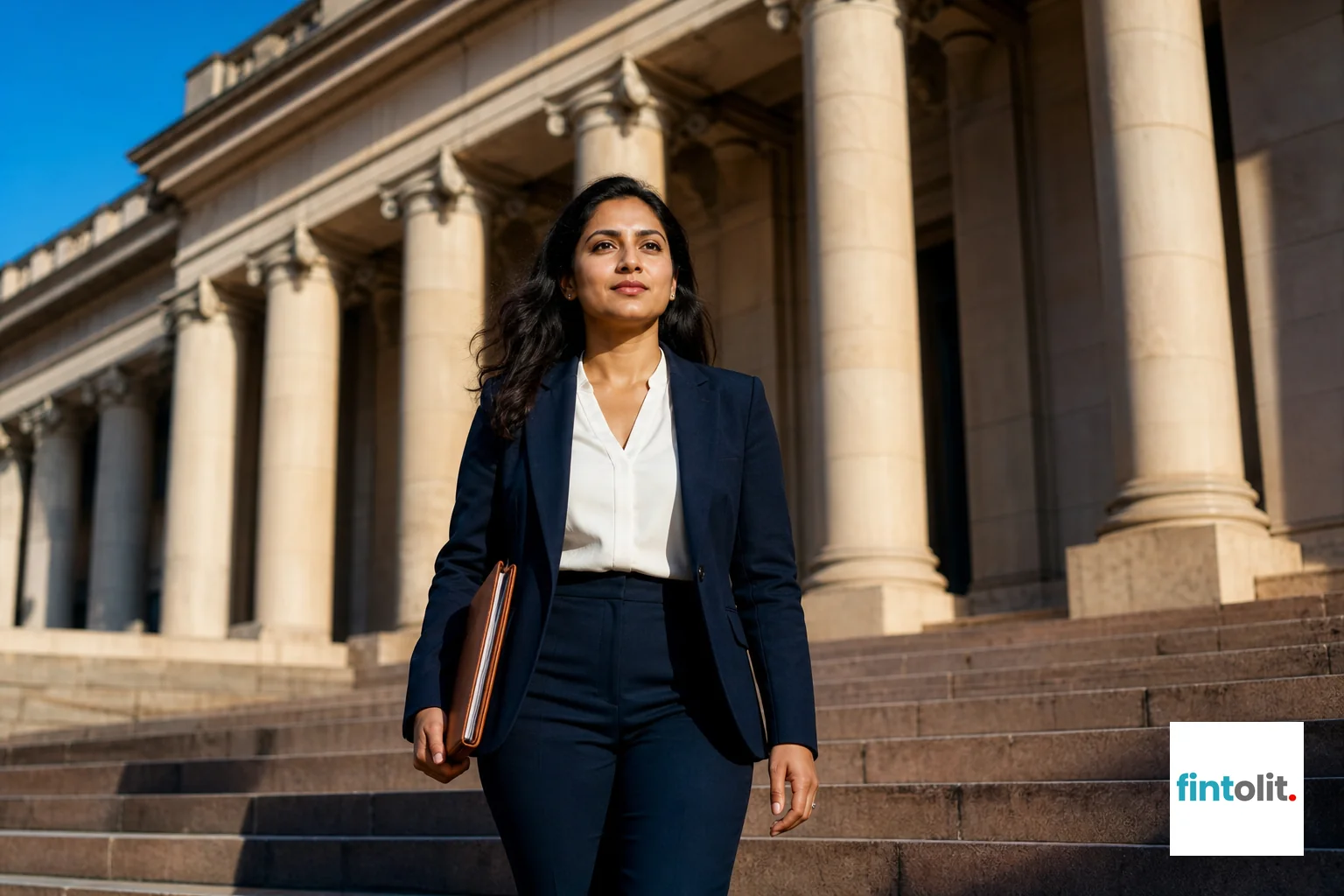 A woman looking confident and relieved while stepping out of a courthouse or government building in Delhi. photorealistic photo of a confident Indian woman in her 30s wearing modern professional clothing, walking down the steps of a