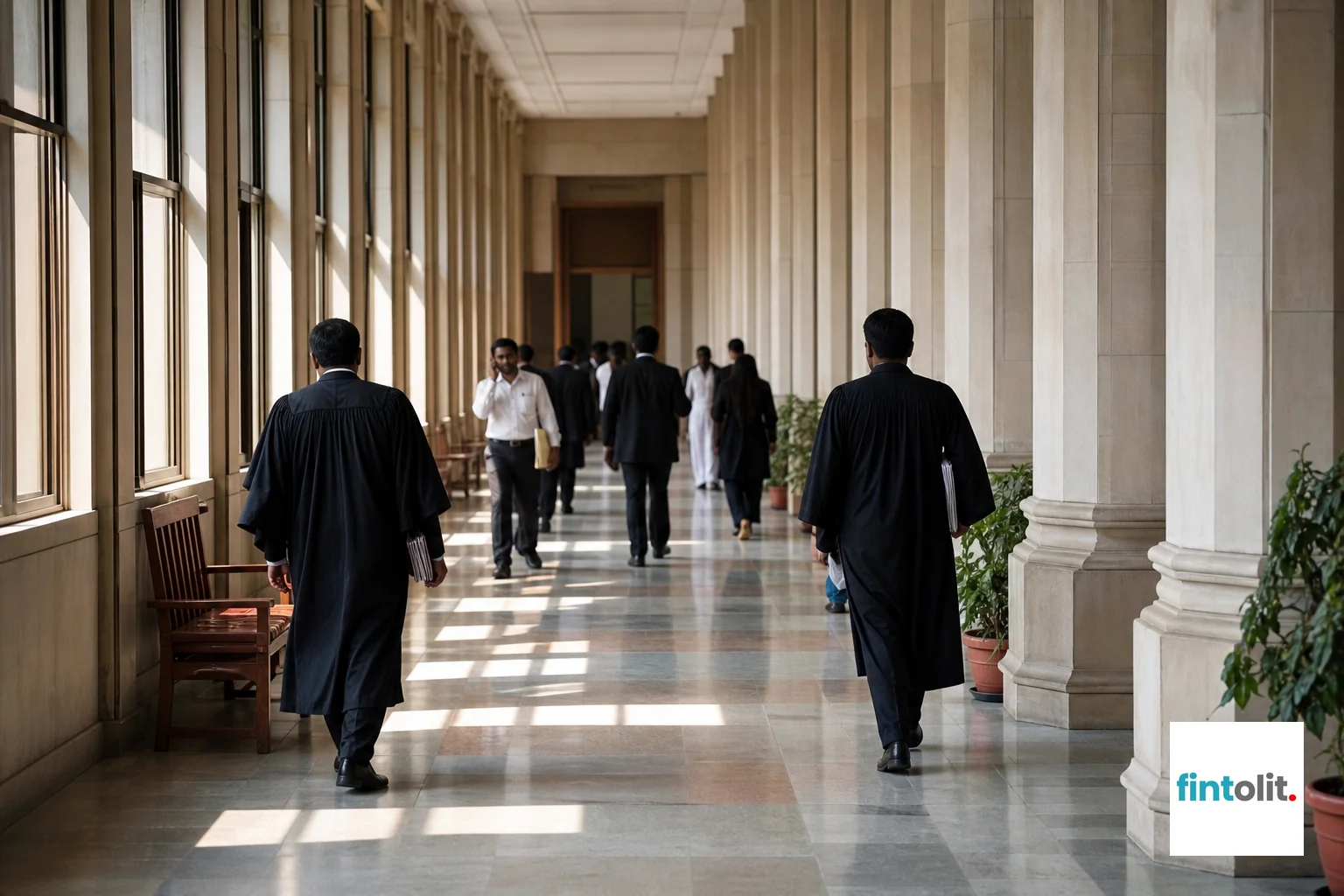 photorealistic photo of a formal Indian courthouse corridor in Delhi with tall pillars, natural daylight streaming through large windows, a few people walking with document folders in the distance, muted stone and navy tones, quiet and