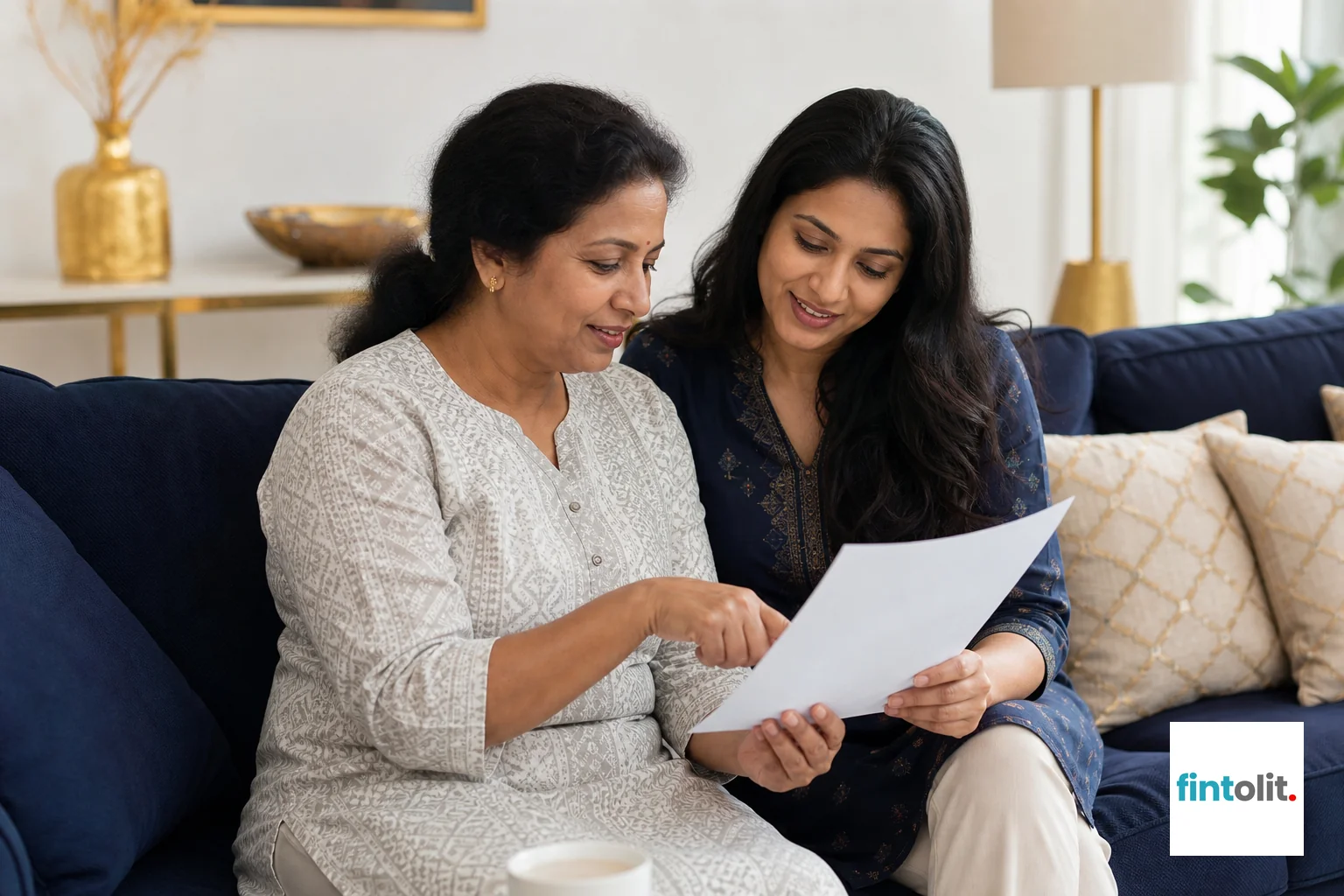 photorealistic, a middle-aged Indian mother and her adult daughter sitting together on a sofa at home, both looking closely at a legal document and pointing at a clause, warm and reassuring mood, soft daylight, indigo (#1A1A2E) cushions and