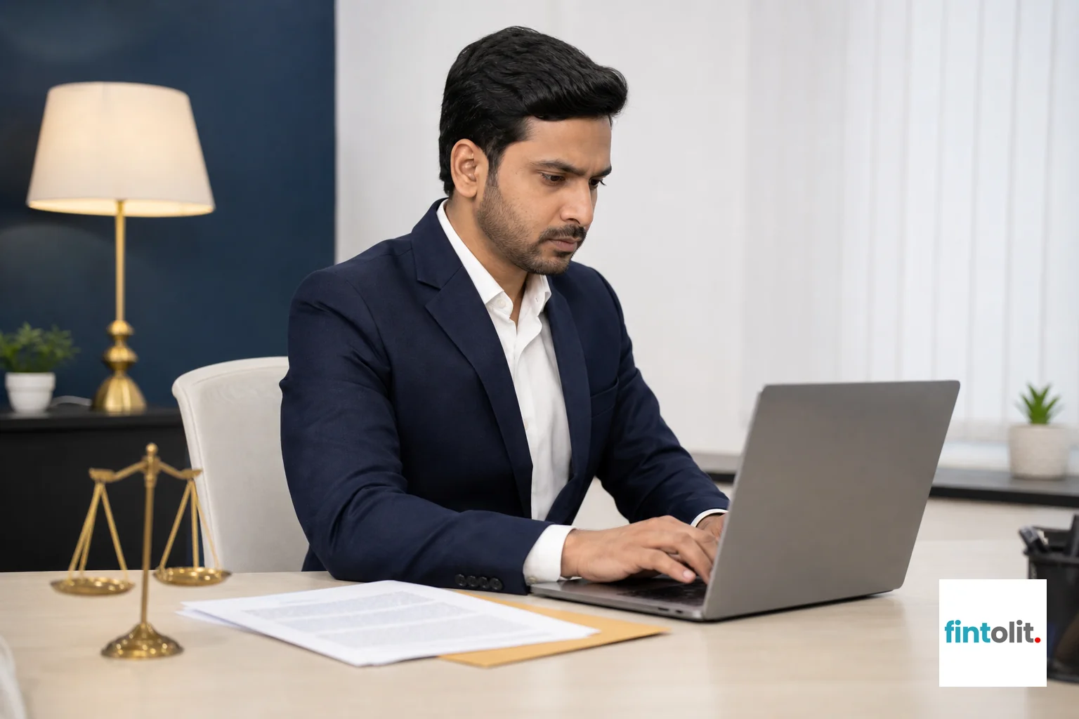 Person drafting a formal legal notice letter on a laptop. photorealistic photo of an Indian professional typing a formal letter on a laptop at a clean modern desk, a printed legal document and envelope nearby, soft indoor lighting in navy