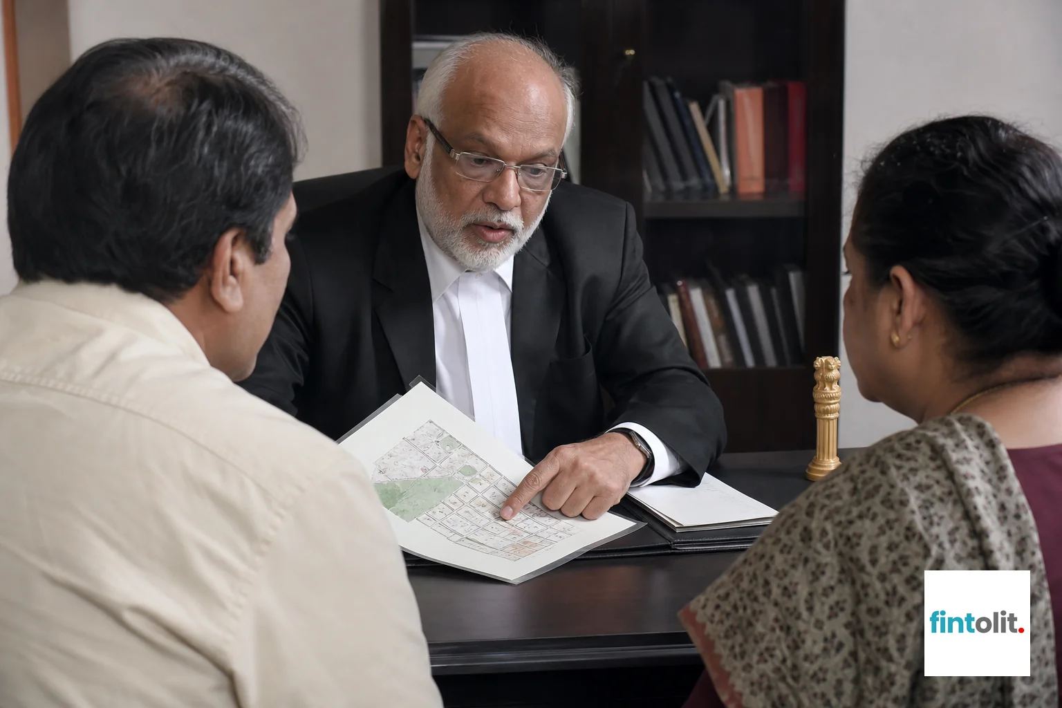 A lawyer explaining a property partition process to a family in a consultation setting. photorealistic photo of an Indian senior lawyer in a modest office pointing at a printed property layout sketch while explaining to two family members