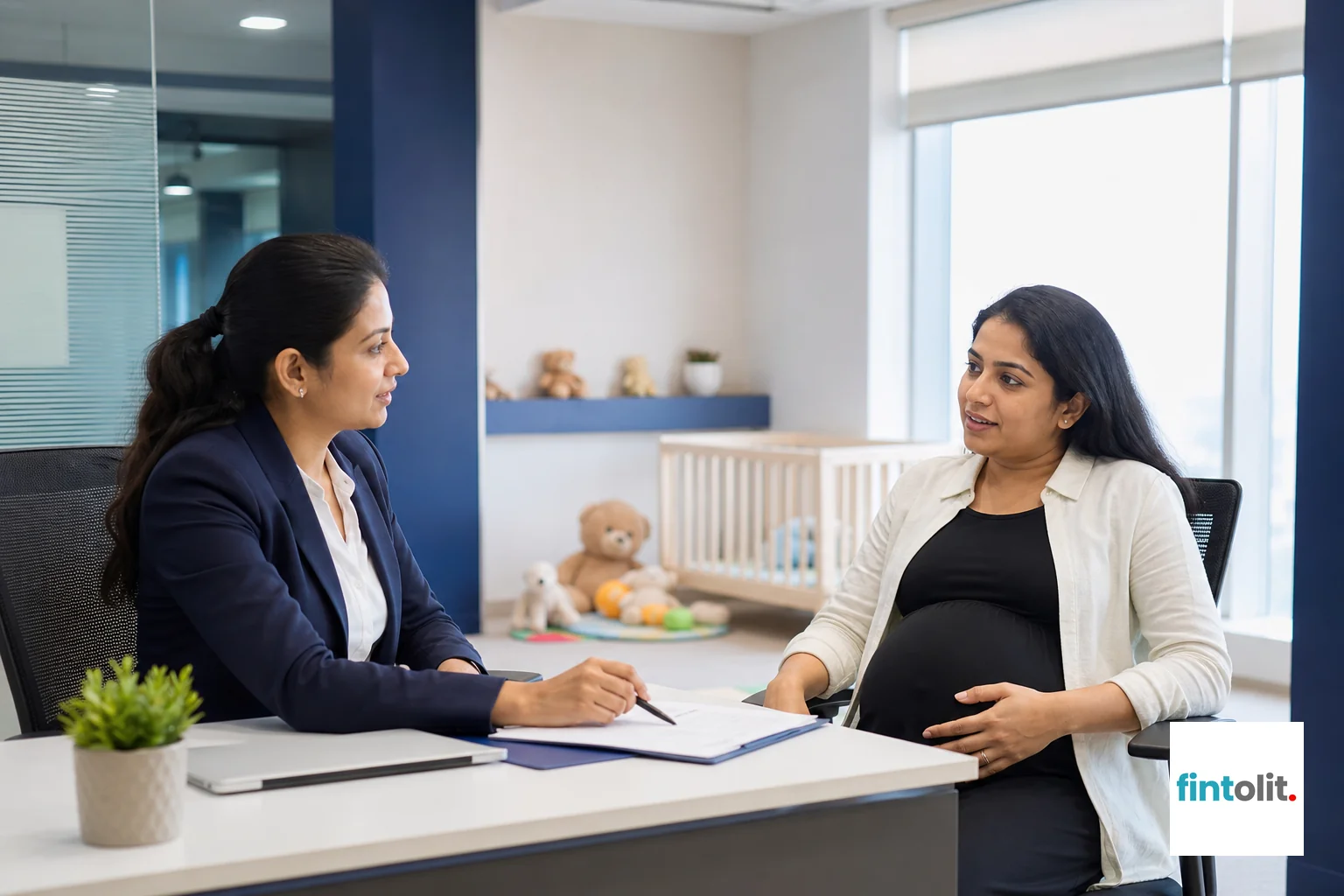 Modern Indian office with a small crèche corner and HR discussion. photorealistic, bright modern Indian corporate office, a small designated crèche corner with soft toys and a cot visible in the background, in the foreground an HR manager