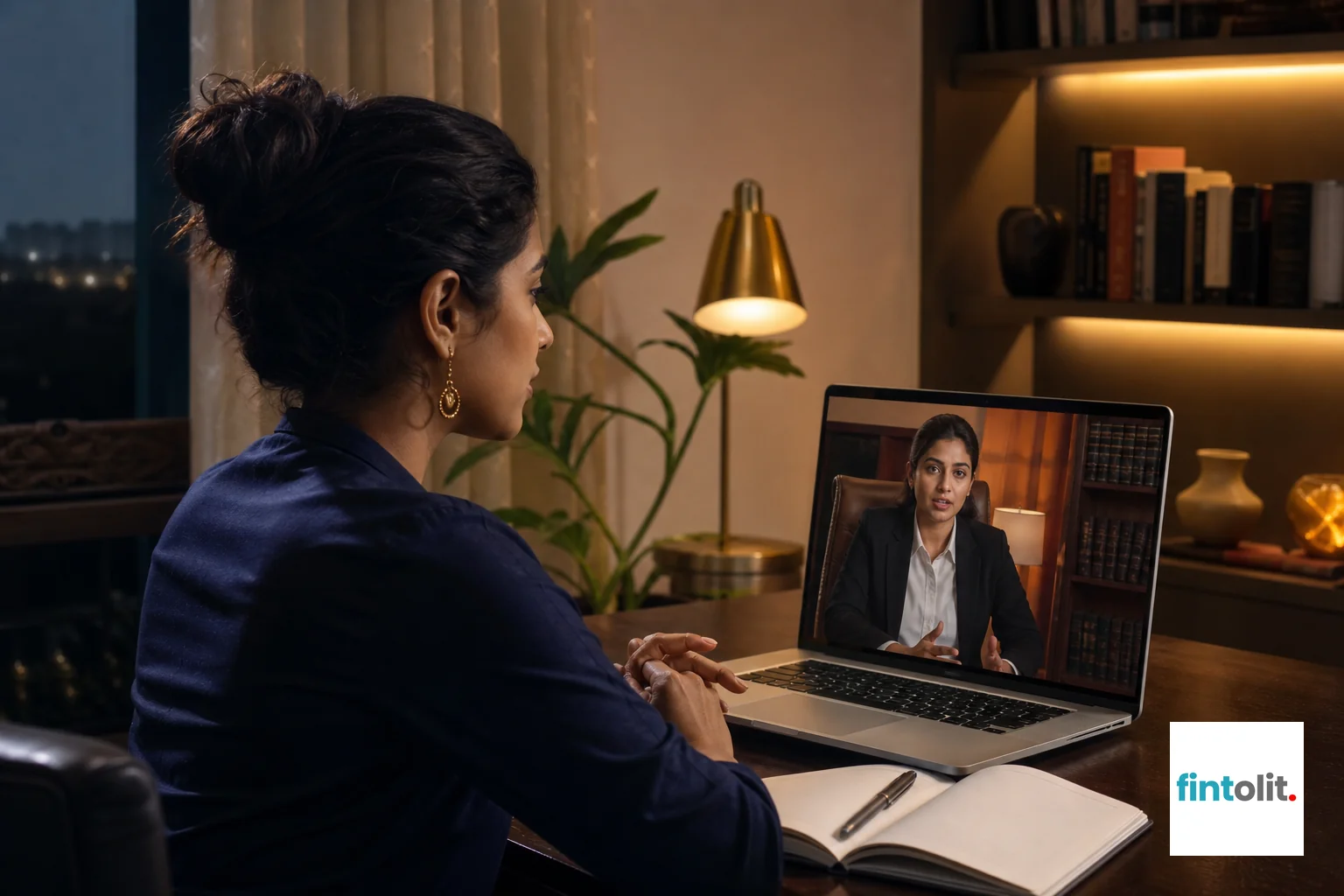 Woman consulting a lawyer online on laptop about workplace rights. photorealistic, cozy home office setting in Delhi NCR, an Indian woman having a serious video consultation on her laptop with a lawyer visible on screen, notebook and pen on