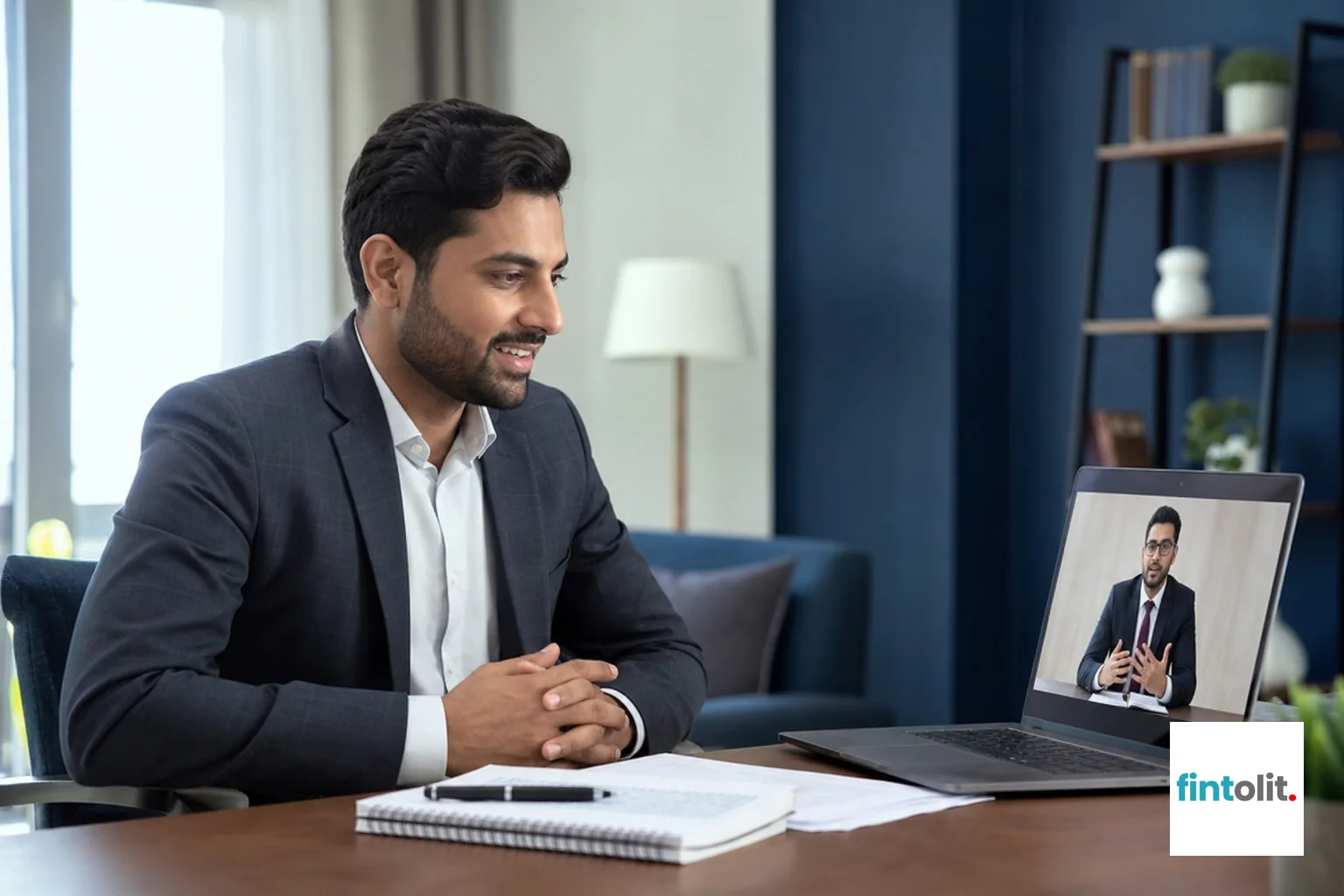 photorealistic, an Indian professional man in his 30s sitting in a bright home office having a video consultation on a laptop with a lawyer, notepad and documents on the table, navy blue and indigo tones in the room decor, confident and