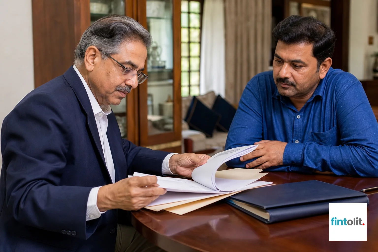 A lawyer physically examining property documents at a client's home table. photorealistic photo of a senior lawyer wearing glasses carefully examining a stack of physical property documents and a folder at a wooden home table, client