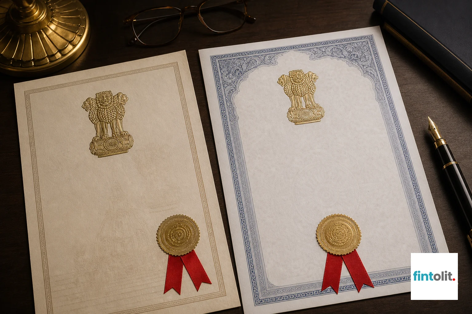 Two contrasting legal documents side by side on a desk symbolizing comparison. photorealistic, close-up flat-lay of two distinct official-looking Indian legal documents with red ribbon seals placed side by side on a dark wooden desk, a