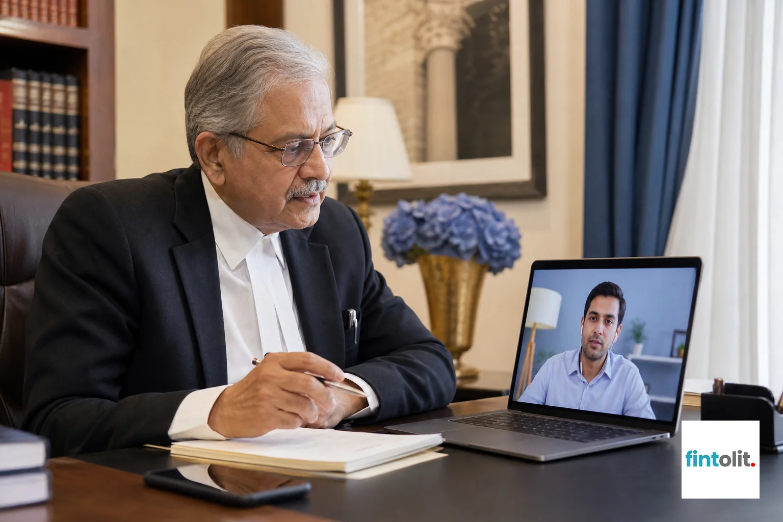 photorealistic, a senior Indian lawyer in formal attire having a focused video consultation on a laptop with a salaried professional client, home office setting with soft indigo and gold decor accents, notepad and phone visible, warm