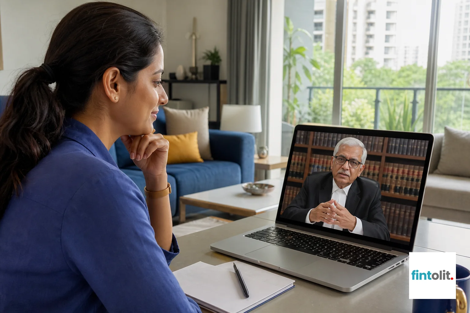 A calm video consultation between an employee and a lawyer. Photorealistic photo of an Indian professional woman having a calm video consultation on a laptop with a senior lawyer, sitting in a bright modern living room in an NCR apartment