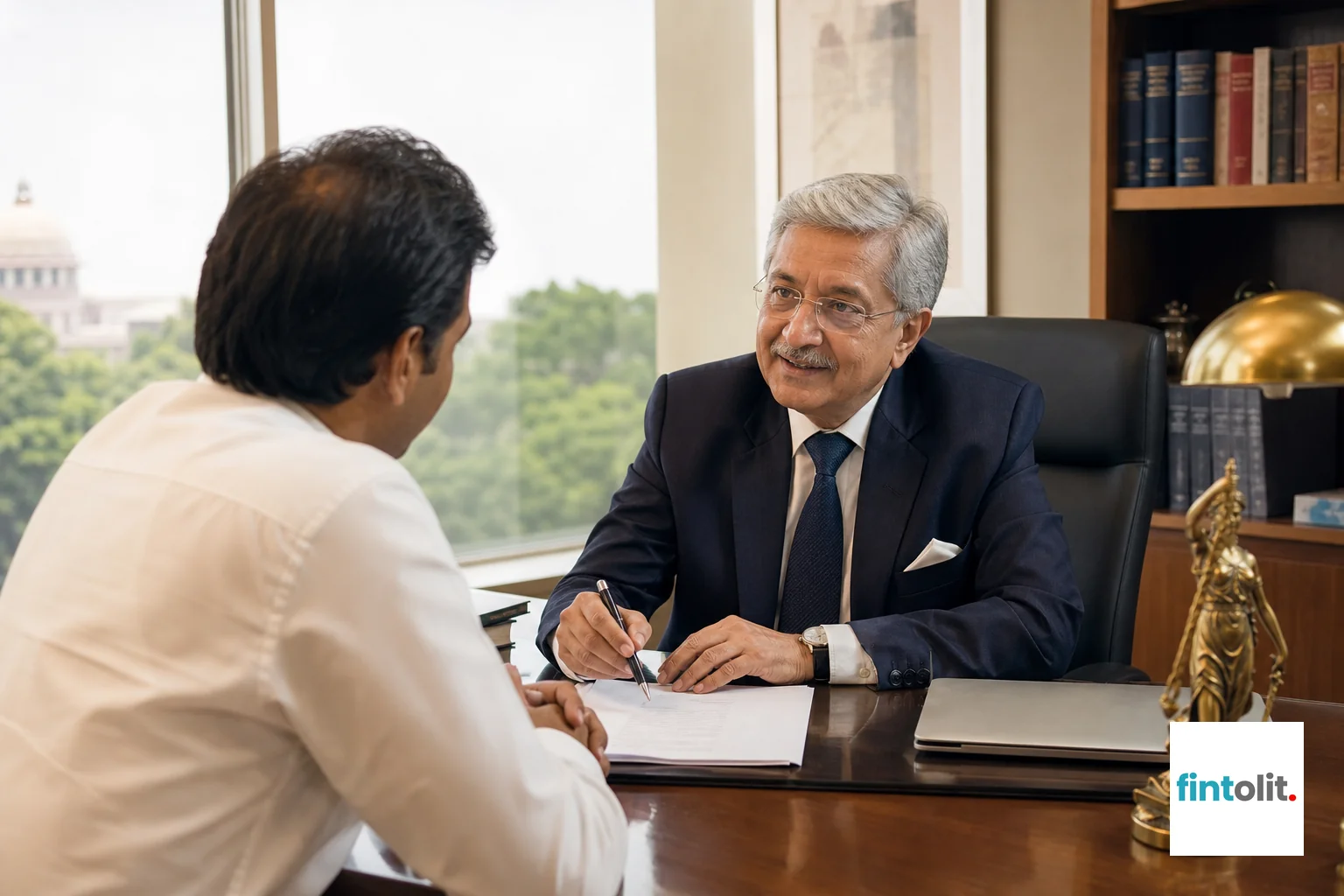 A lawyer consulting with a client over documents, representing case progress. photorealistic photo of a senior Indian lawyer in formal attire discussing documents with a client across a wooden table in a bright modern office in Delhi, both