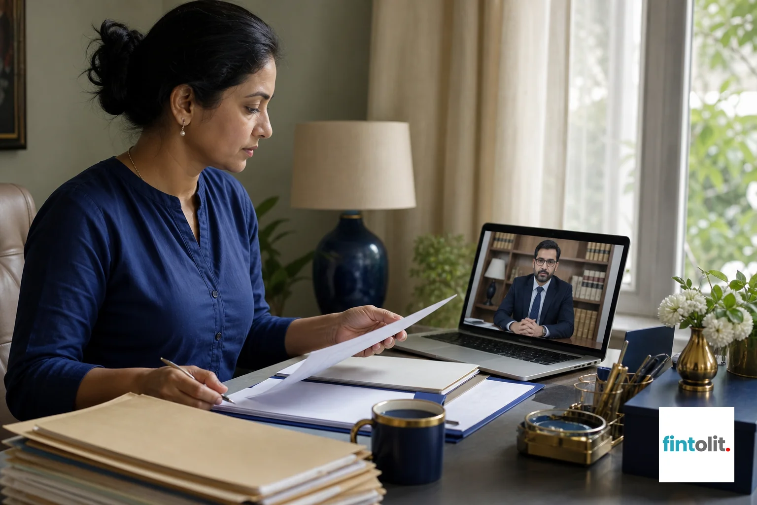 Parent organizing documents and consulting a lawyer. photorealistic photo of an Indian woman at a home desk organizing paperwork and folders while on a video call with a professional-looking lawyer on a laptop screen, indigo and gold desk