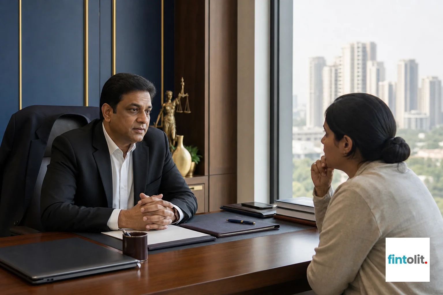Family court exterior or consultation room in Delhi NCR setting. photorealistic photo of a modern law office consultation room in Delhi NCR with a senior Indian lawyer in formal attire speaking calmly with a concerned parent across a wooden