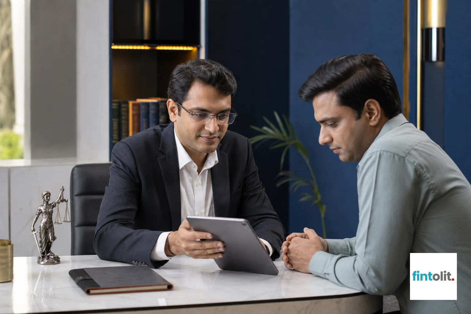 Photorealistic photo of a professional Indian lawyer in a smart blazer sitting across a table from a client, both looking at a tablet together, calm reassuring atmosphere, modern office interior in Delhi with navy blue and white decor and