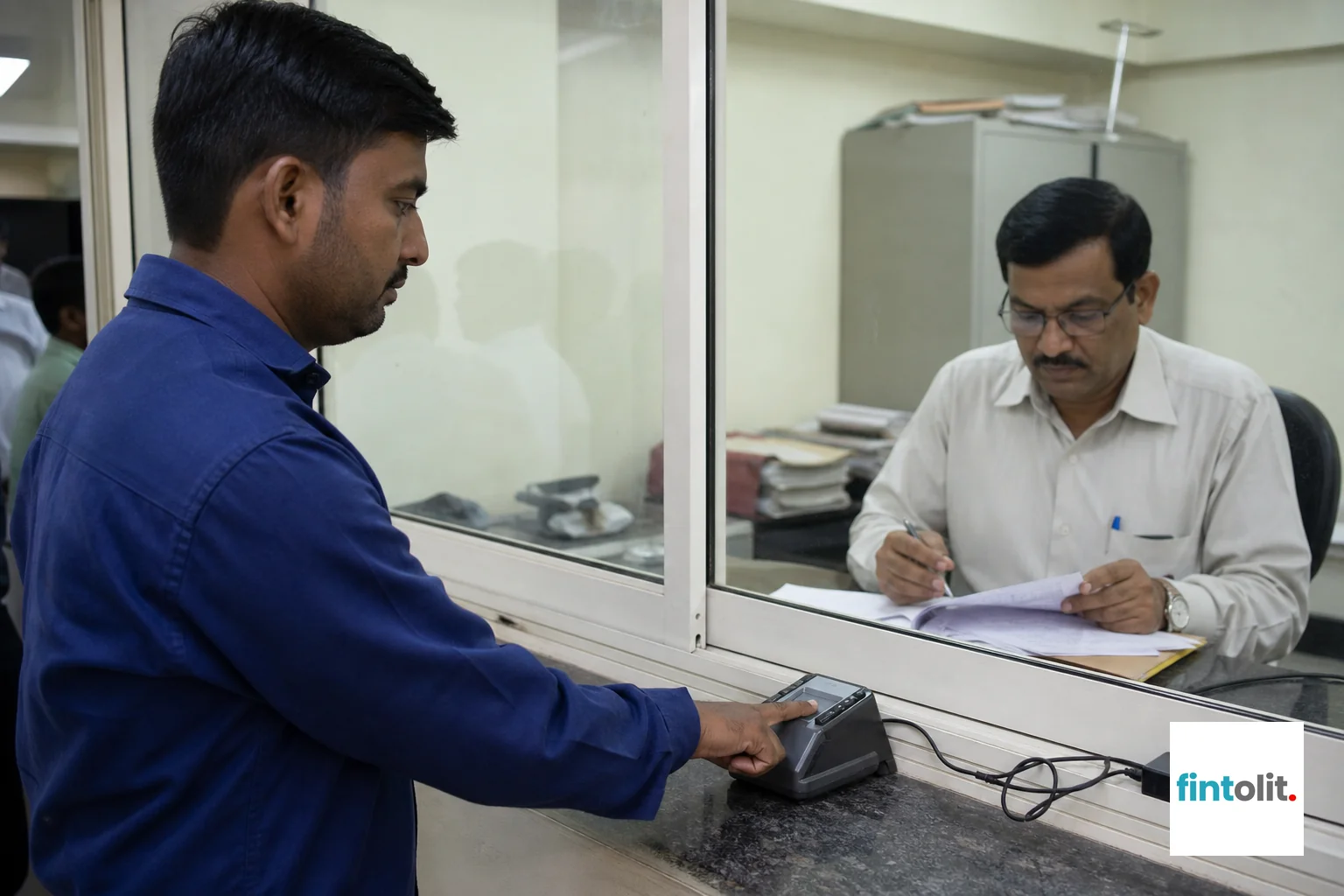 Person at a sub-registrar office counter completing biometric verification for document registration. Photorealistic photo of an Indian man at a government sub-registrar office counter placing his finger on a biometric scanner device while