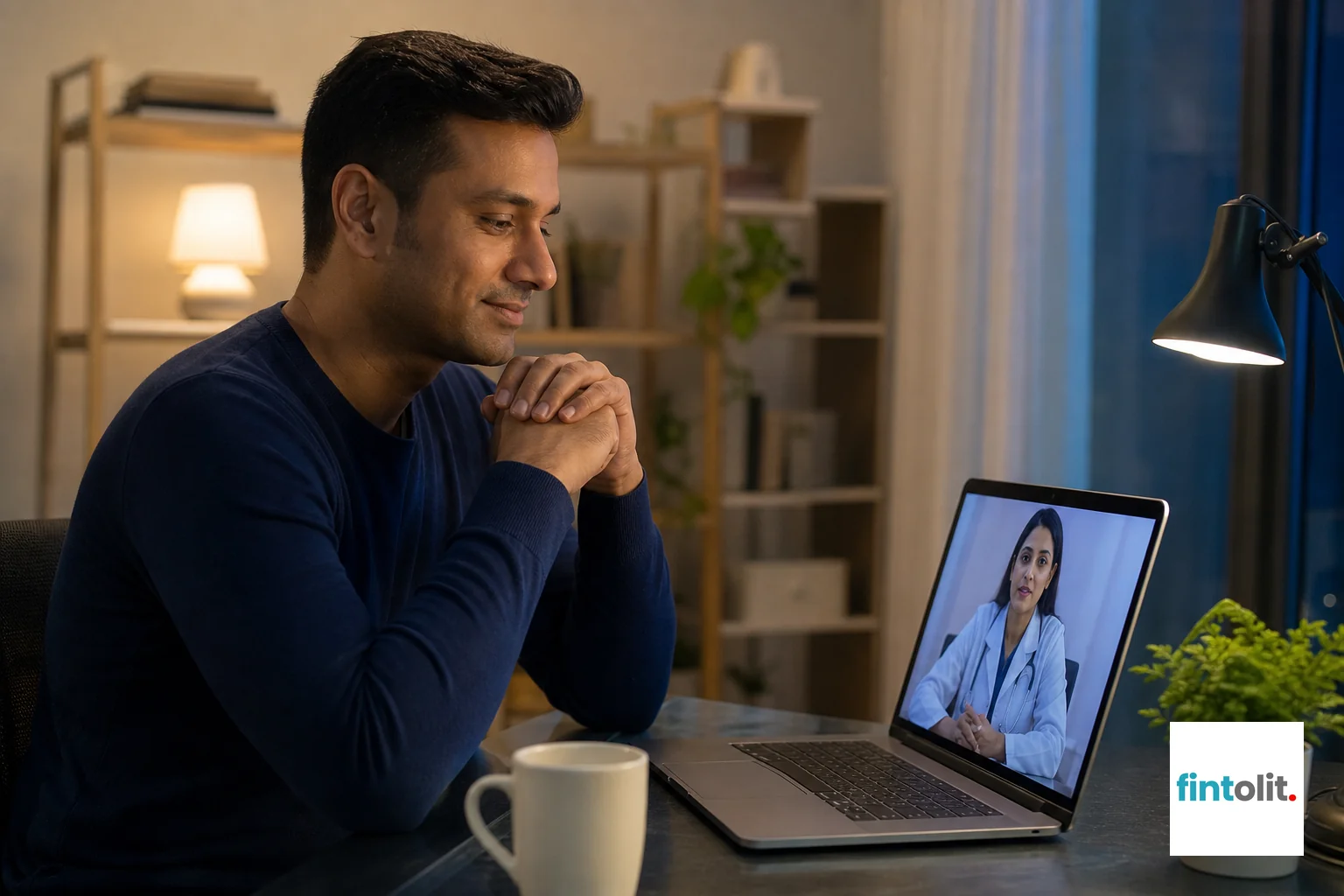 An employee having a private, reassuring video consultation with a lawyer from home. photorealistic photo of an Indian working professional sitting in a quiet home office in the evening, having a video consultation on a laptop, calm and