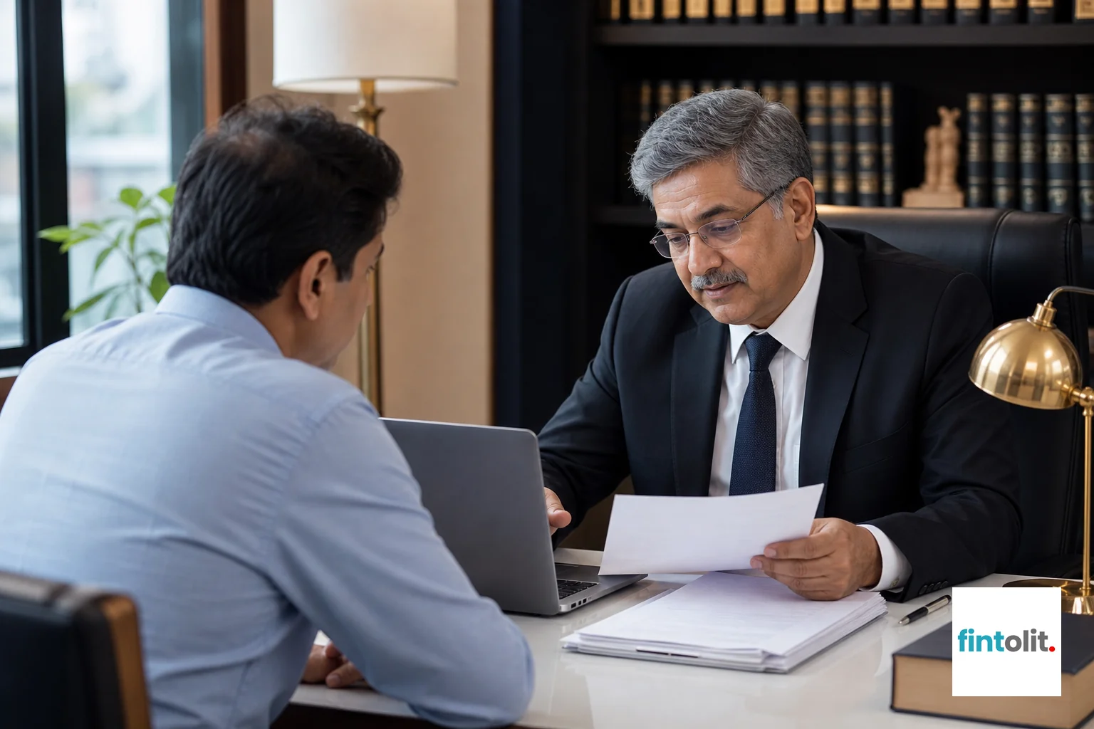 Senior lawyer consulting with a client in a modern office about a property case, in-person session. Photorealistic photo of a senior Indian lawyer in his fifties wearing a formal suit, sitting across a desk from a middle-aged client, both