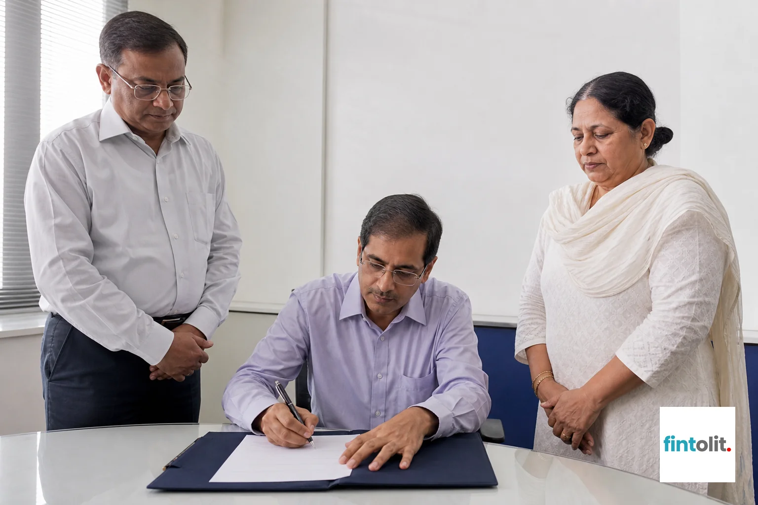 A person signing a legal document while two witnesses look on in an office setting. photorealistic photo of an Indian man signing a legal document at a desk while two other adults stand nearby as witnesses, modern office setting with white