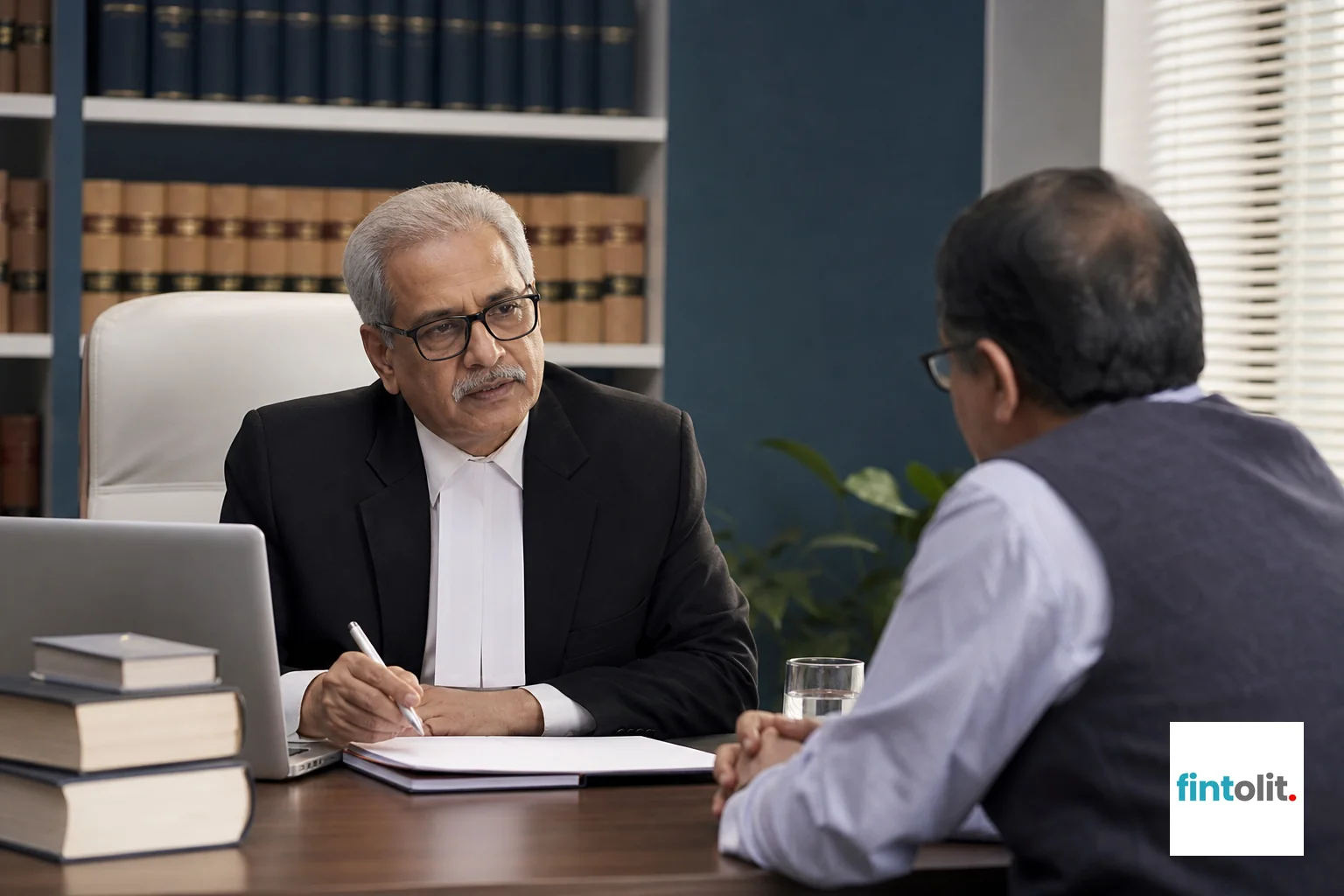A senior lawyer consulting with a client across a desk in a modern Delhi office. photorealistic photo of a senior Indian lawyer in formal attire consulting with a middle-aged client across a desk in a modern office in Delhi, law books and a