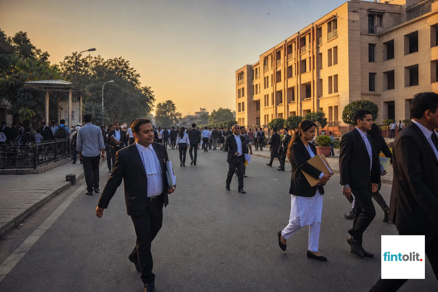 Photorealistic photo of a busy Delhi NCR street scene near a district court building, professionals and lawyers in formal wear walking with folders under their arms, golden hour lighting, realistic urban Indian architecture, deep indigo sky