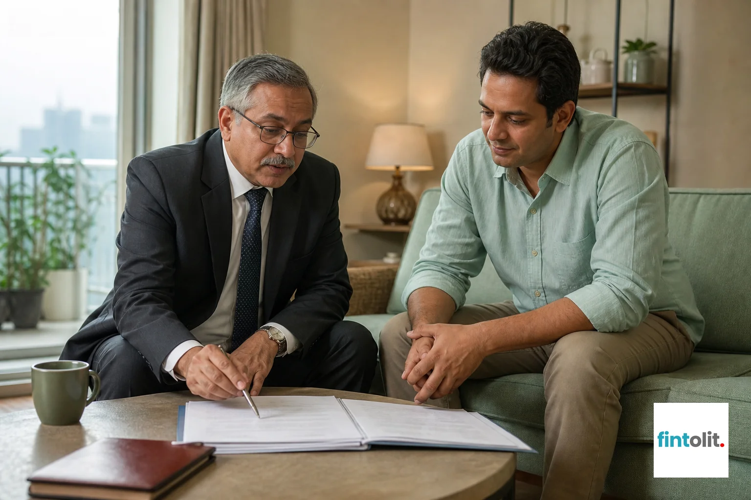 A senior lawyer meeting a client at home, reviewing property documents together, representing the Lawyer at Home consultation experience. Photorealistic photo of a senior Indian lawyer in formal attire sitting across a coffee table from a