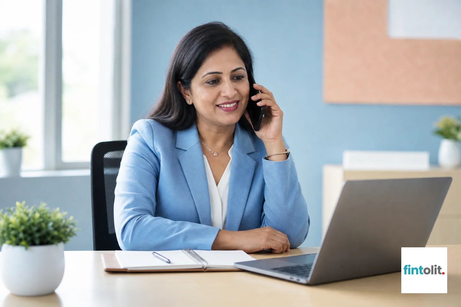 A case manager on a phone call giving a client an update, representing timely communication. Photorealistic photo of a professional Indian woman case manager sitting at a bright office desk, smiling while on a phone call, laptop open with a