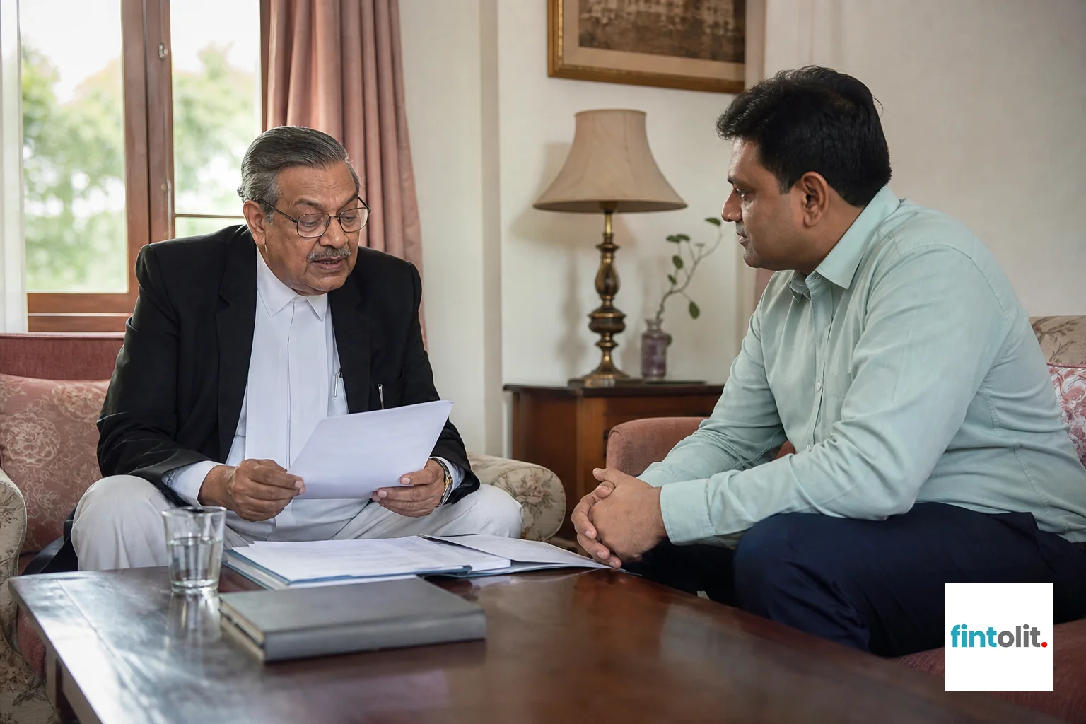Photorealistic photo of a senior Indian lawyer sitting in a homely living room with a client, papers spread on a coffee table, warm afternoon light through a window, soft furnishings in dusty pink and light green tones, comfortable and