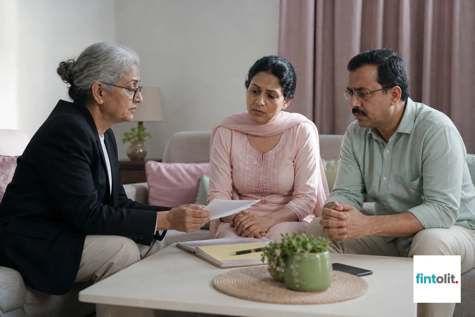 A private, quiet home setting where a family discusses a sensitive legal matter with a lawyer. Photorealistic photograph of a senior Indian woman lawyer sitting across a small table in a quiet home living room, speaking gently with a