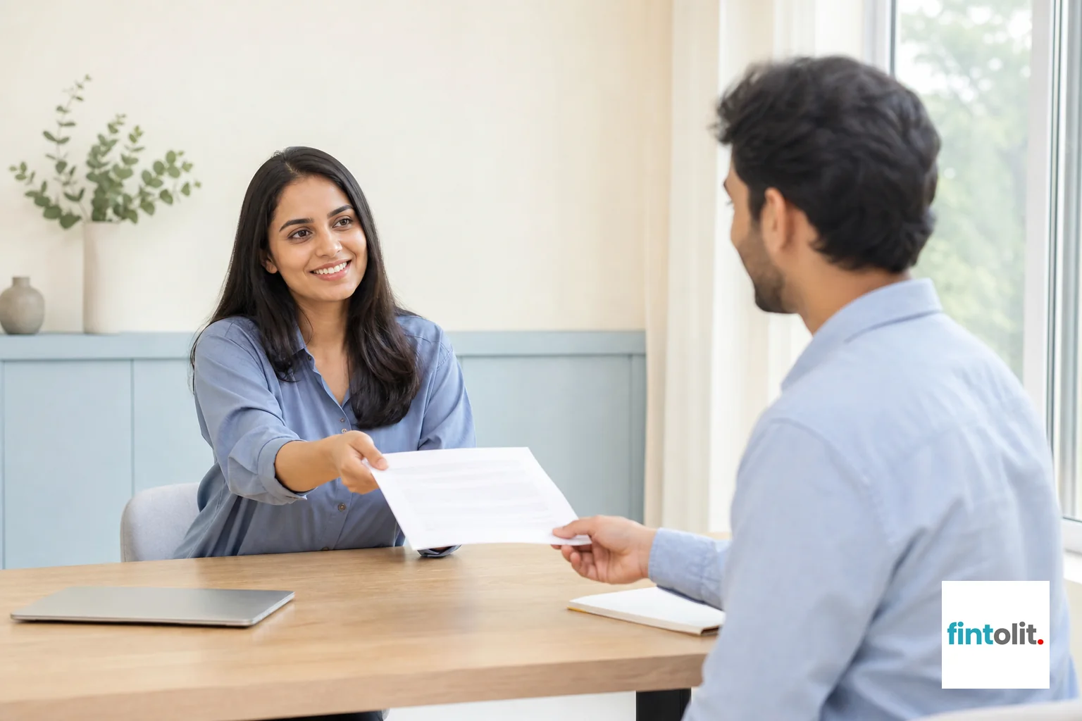 A case manager or lawyer handing over a clear, simple document summary to a client, symbolizing transparency. Photorealistic photograph of an Indian legal case manager, a woman in smart casual attire, handing a printed one-page summary