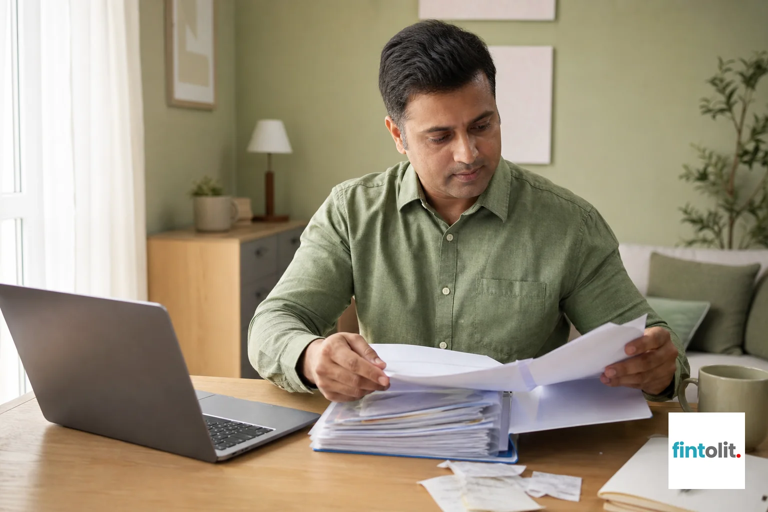 Person organizing property documents and folders at home before consulting a lawyer. Photorealistic photo of an Indian homeowner at a home desk organizing a folder of property documents, builder agreement papers, and receipts, laptop open