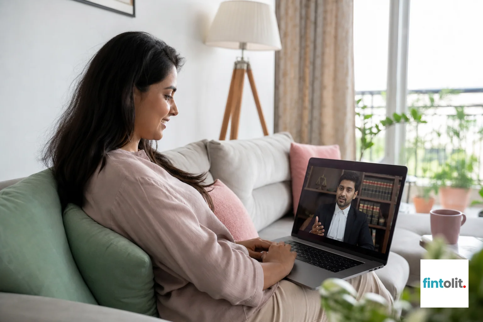 A relieved person on a video call consultation with a lawyer from home, representing online legal help. photorealistic: A young Indian woman sits comfortably on her living room sofa, laptop open, engaged in a video consultation with a